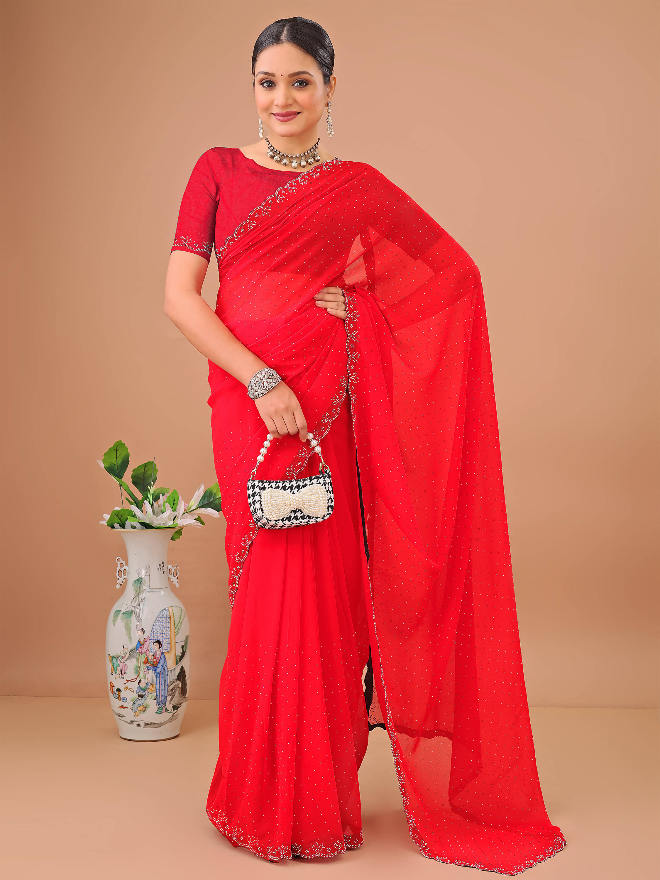 LEELAVATI Chiffon Embellished Regular Saree With Unstitched Blouse Piece ( Red ) LEELAVATI Chiffon Embellished Regular Saree With Unstitched Blouse Piece ( Red )