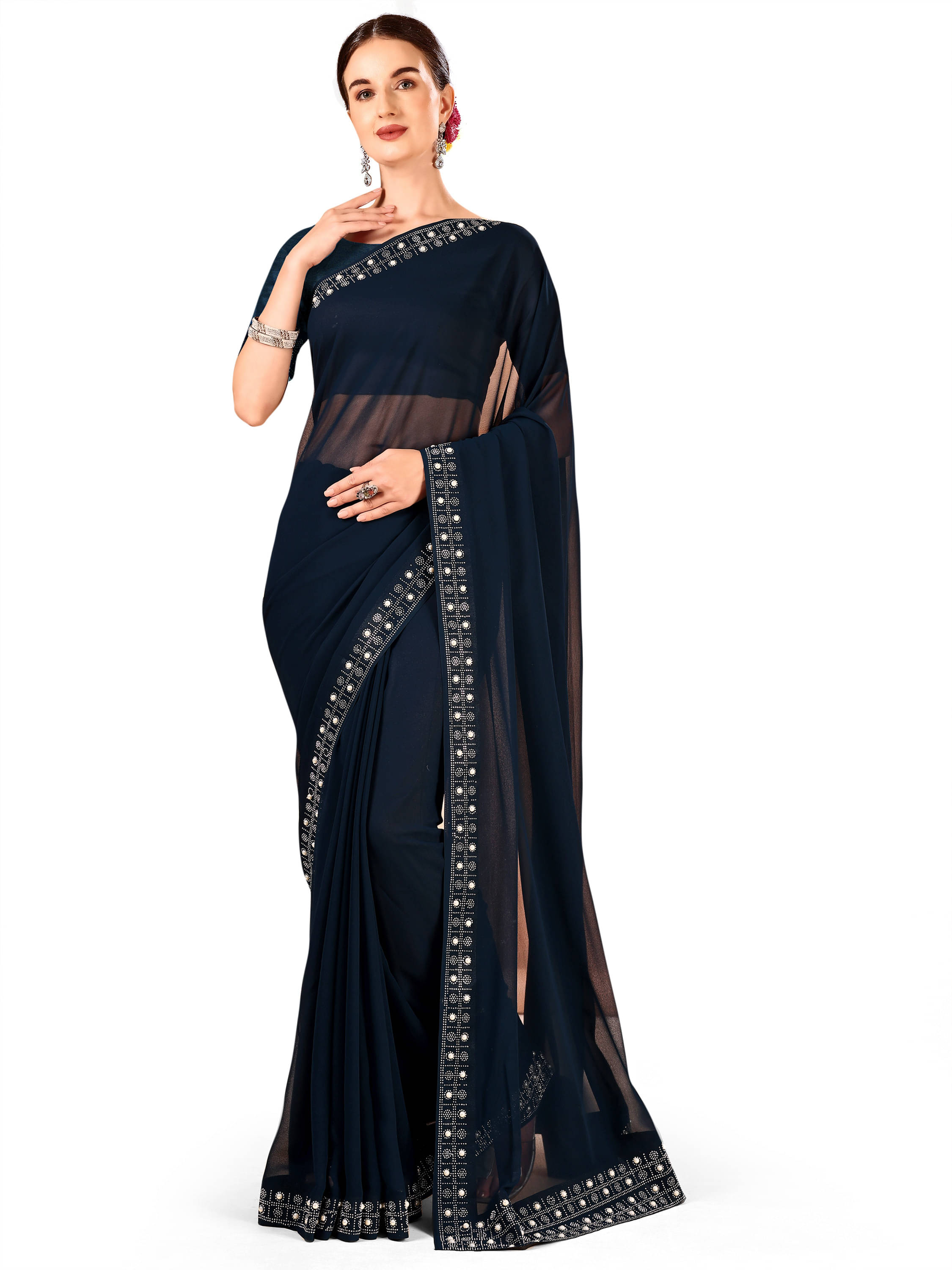 LEELAVATI Chiffon Embellished Regular Saree With Unstitched Blouse Piece ( Navy Blue ) LEELAVATI Chiffon Embellished Regular Saree With Unstitched Blouse Piece ( Navy Blue )