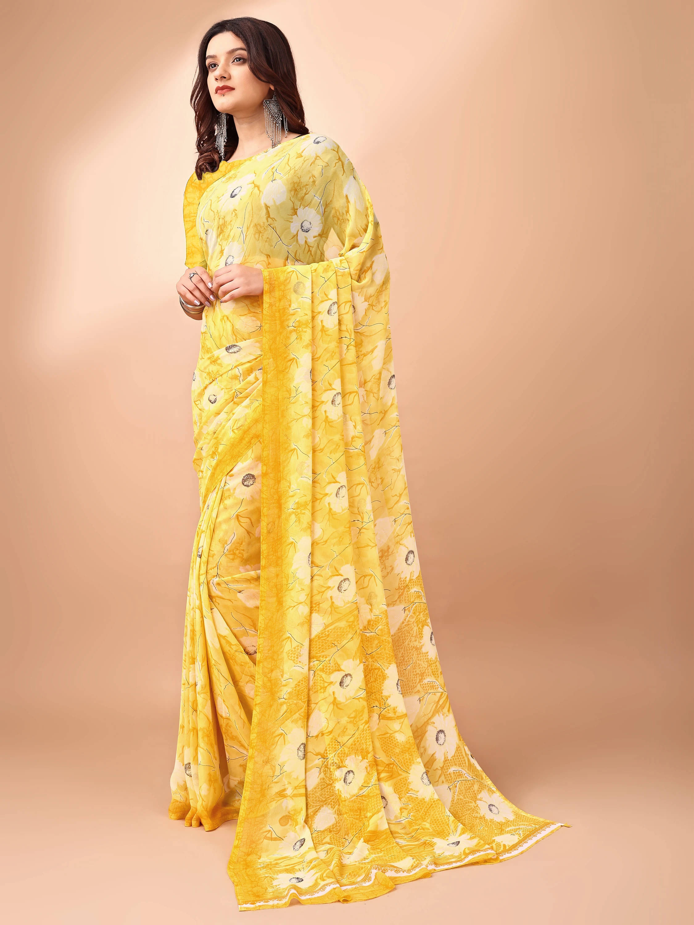     			LEELAVATI Chiffon Printed Regular Saree With Unstitched Blouse Piece ( Yellow )
