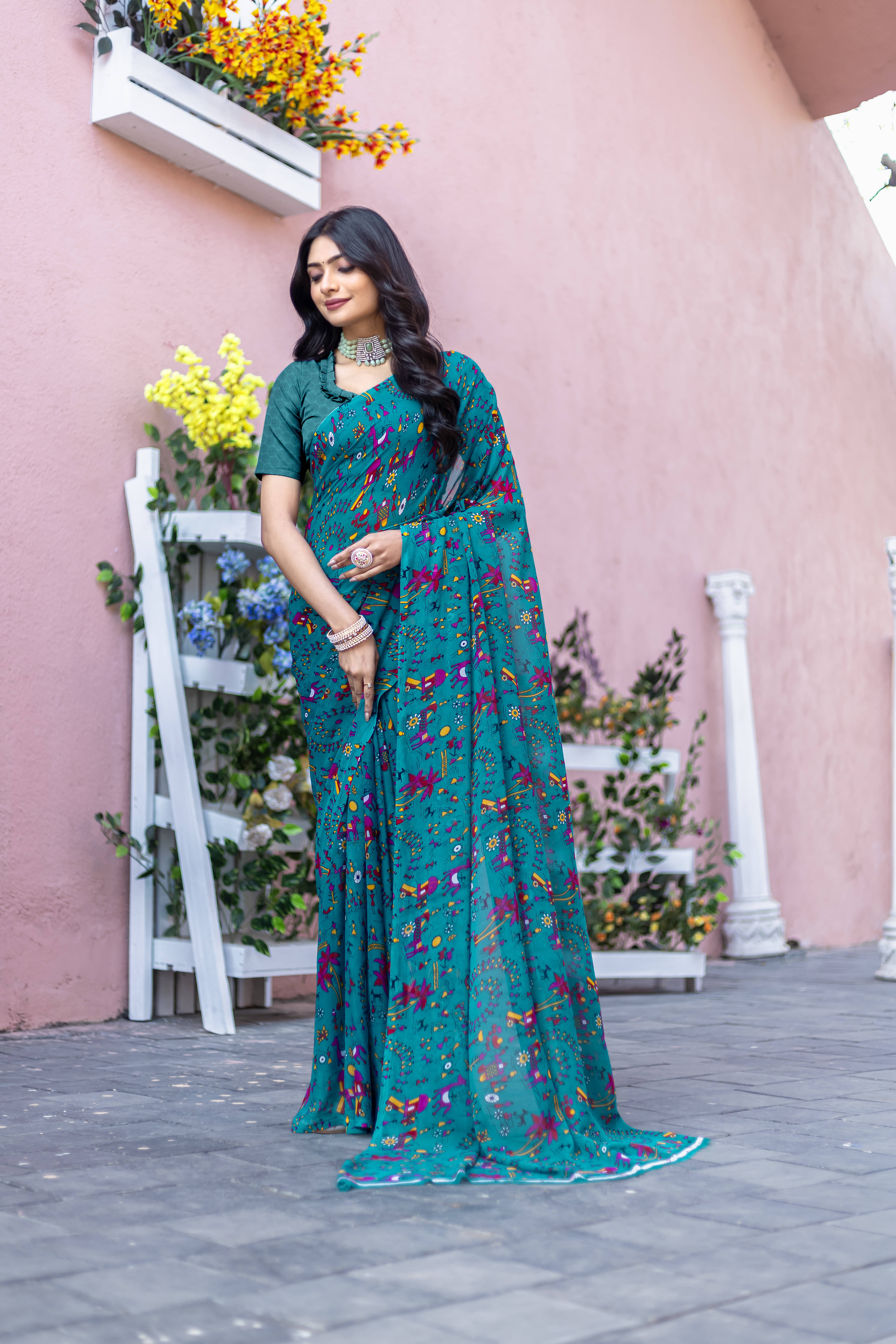 LEELAVATI Chiffon Printed Regular Saree With Unstitched Blouse Piece ( Blue ) LEELAVATI Chiffon Printed Regular Saree With Unstitched Blouse Piece ( Blue )