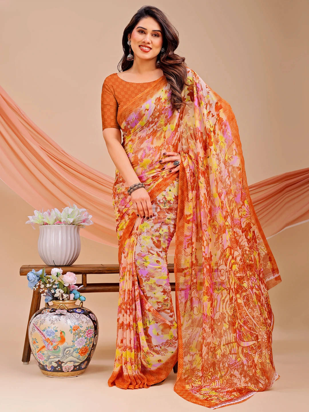     			LEELAVATI Chiffon Printed Regular Saree With Unstitched Blouse Piece ( Orange )