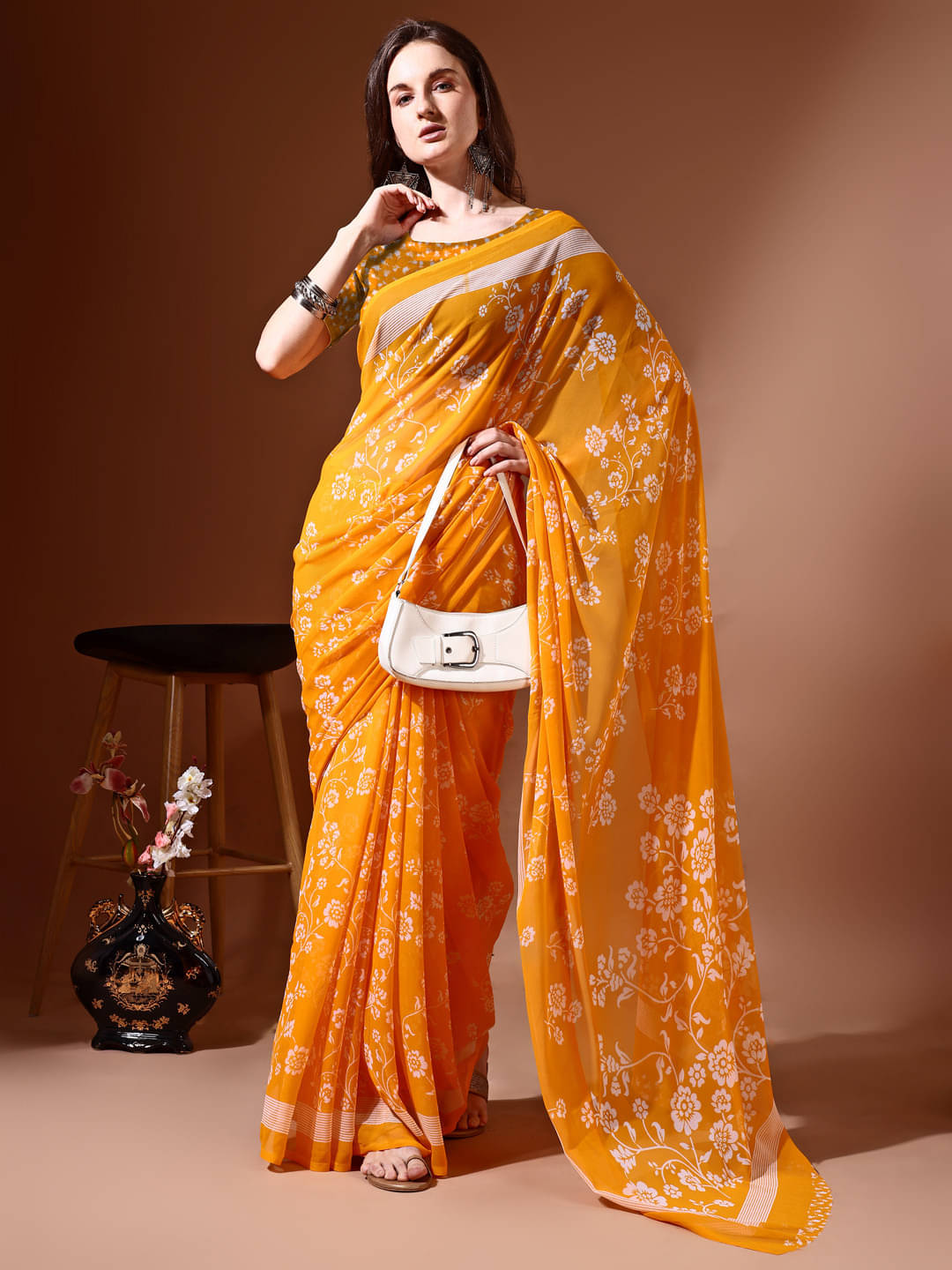 LEELAVATI Chiffon Printed Regular Saree With Unstitched Blouse Piece ( Gold ) LEELAVATI Chiffon Printed Regular Saree With Unstitched Blouse Piece ( Gold )