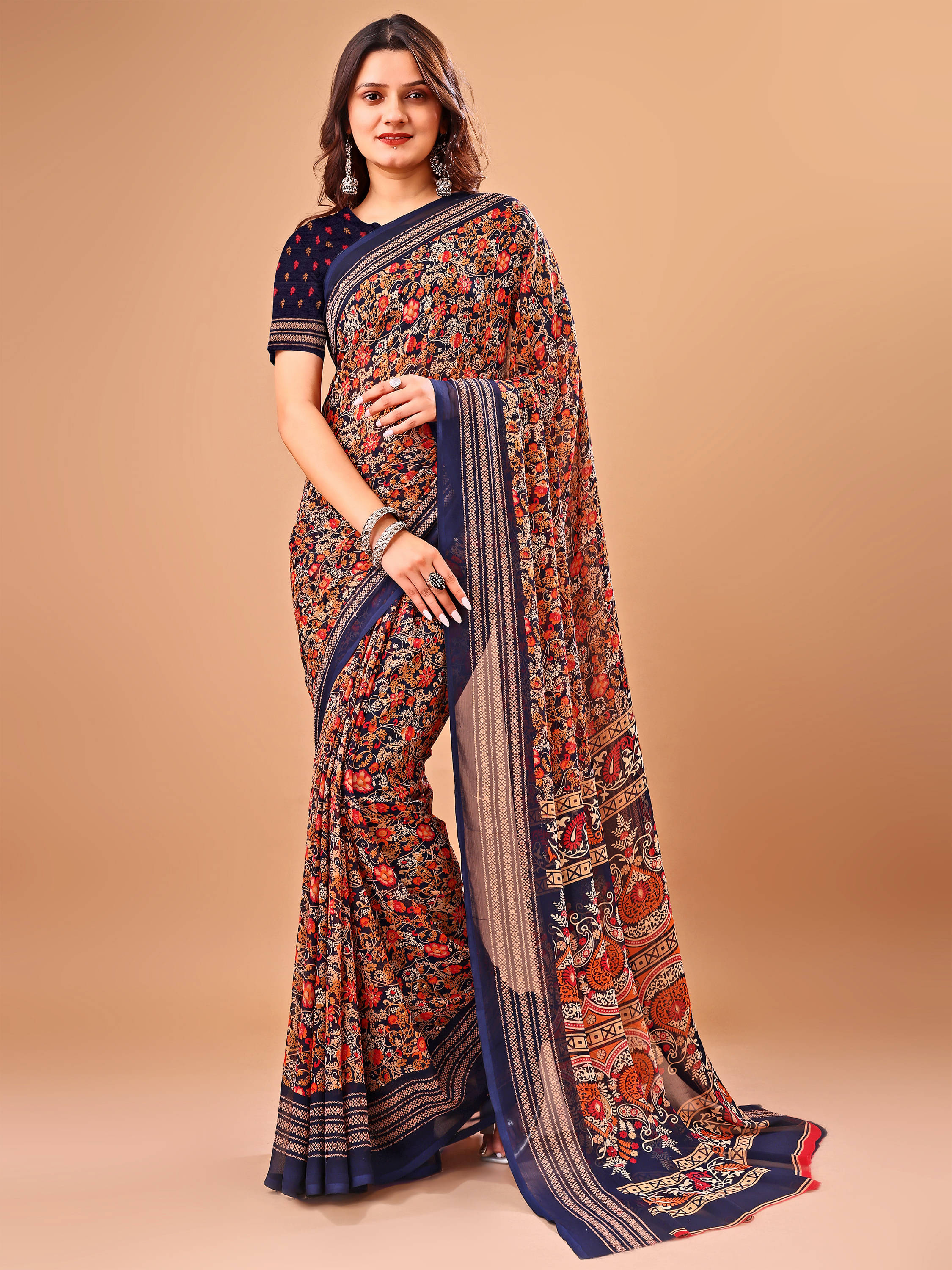 LEELAVATI Chiffon Printed Regular Saree With Unstitched Blouse Piece ( Navy Blue ) LEELAVATI Chiffon Printed Regular Saree With Unstitched Blouse Piece ( Navy Blue )