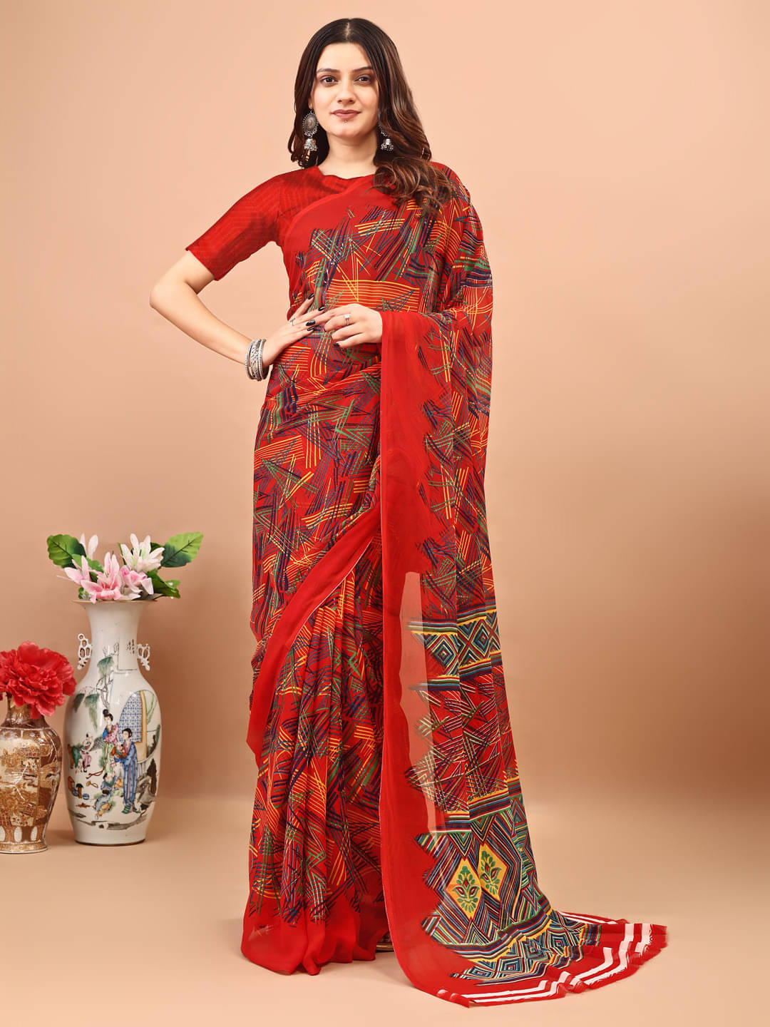 LEELAVATI Chiffon Printed Regular Saree With Unstitched Blouse Piece ( Red ) LEELAVATI Chiffon Printed Regular Saree With Unstitched Blouse Piece ( Red )