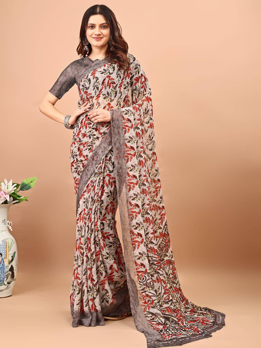 LEELAVATI Chiffon Printed Regular Saree With Unstitched Blouse Piece ( Brown ) LEELAVATI Chiffon Printed Regular Saree With Unstitched Blouse Piece ( Brown )