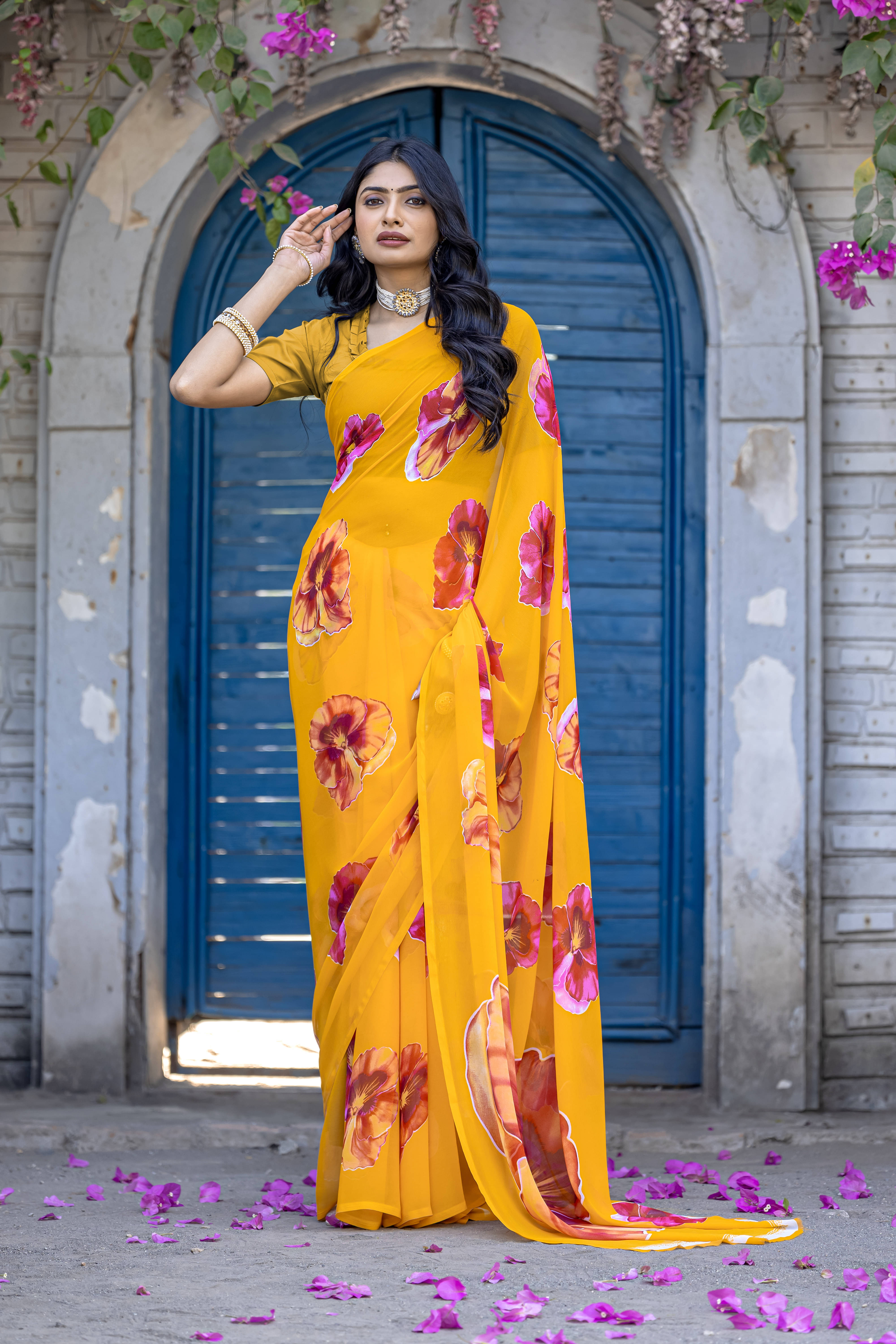     			LEELAVATI Chiffon Printed Regular Saree With Unstitched Blouse Piece ( Yellow )