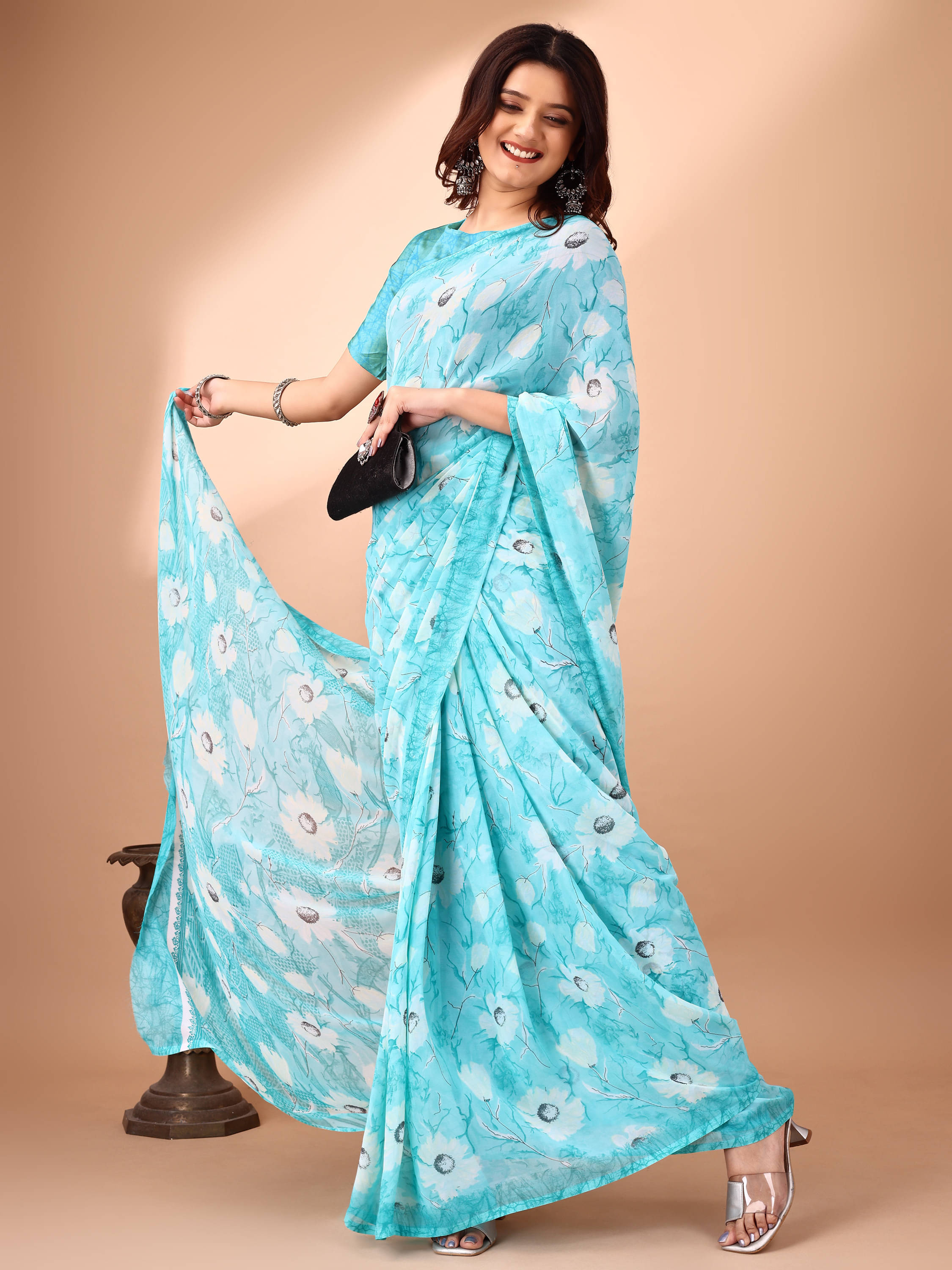 LEELAVATI Chiffon Printed Regular Saree With Unstitched Blouse Piece ( Light Blue ) LEELAVATI Chiffon Printed Regular Saree With Unstitched Blouse Piece ( Light Blue )
