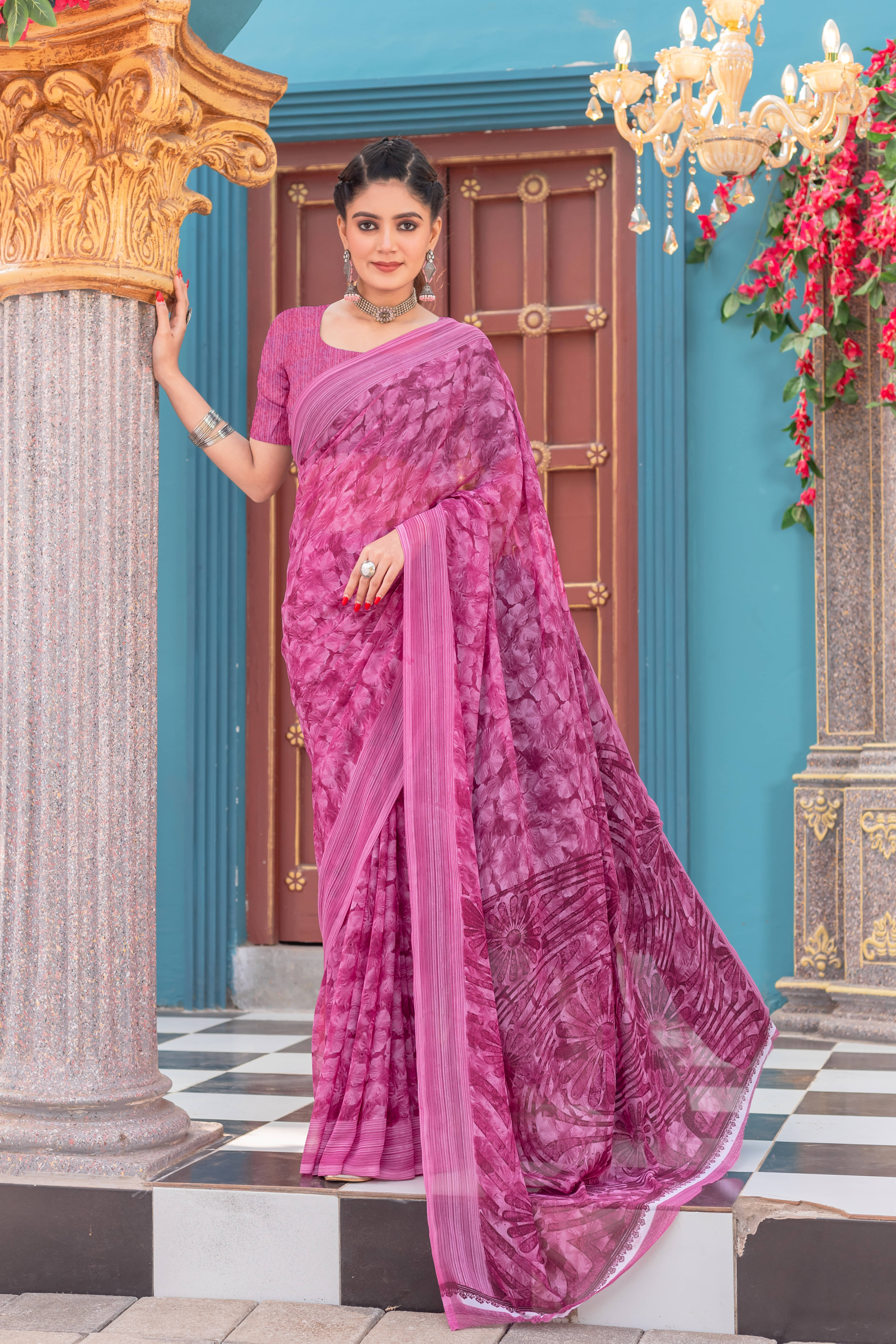     			LEELAVATI Chiffon Printed Regular Saree With Unstitched Blouse Piece ( Pink )