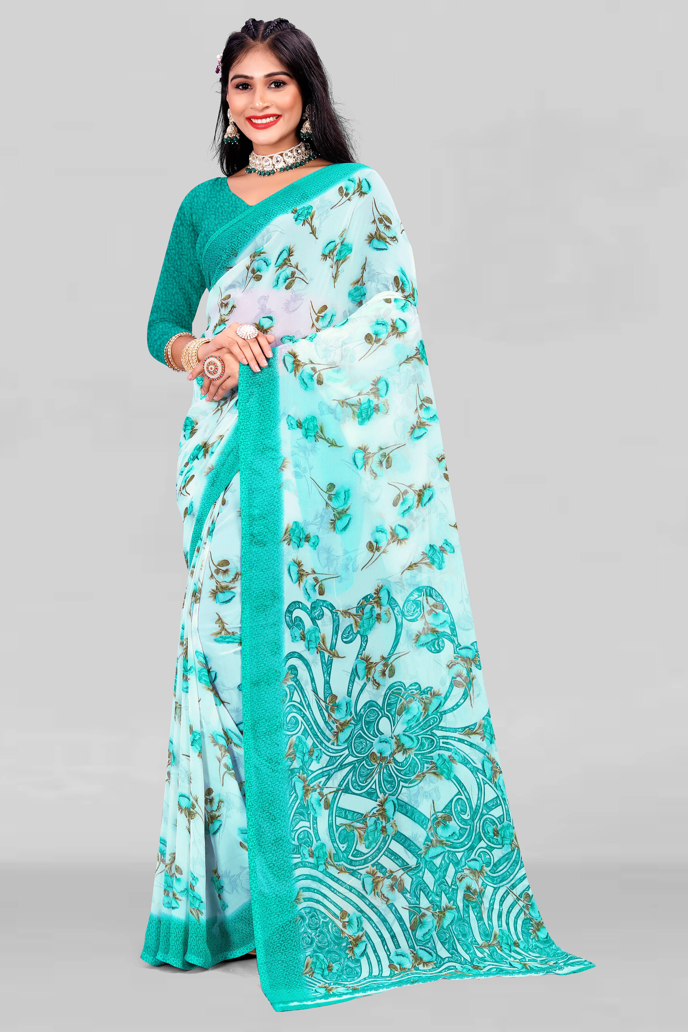 LEELAVATI Chiffon Printed Regular Saree With Unstitched Blouse Piece ( Blue ) LEELAVATI Chiffon Printed Regular Saree With Unstitched Blouse Piece ( Blue )