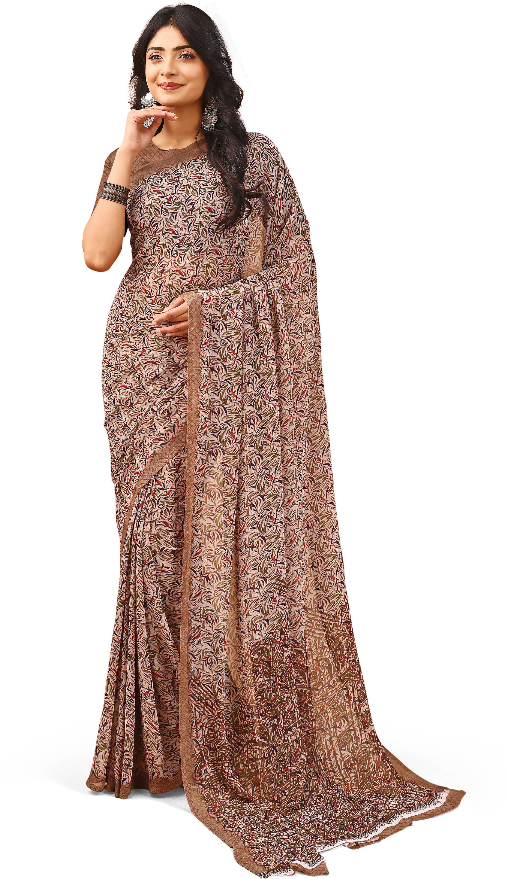LEELAVATI Chiffon Printed Regular Saree With Unstitched Blouse Piece ( Beige ) LEELAVATI Chiffon Printed Regular Saree With Unstitched Blouse Piece ( Beige )