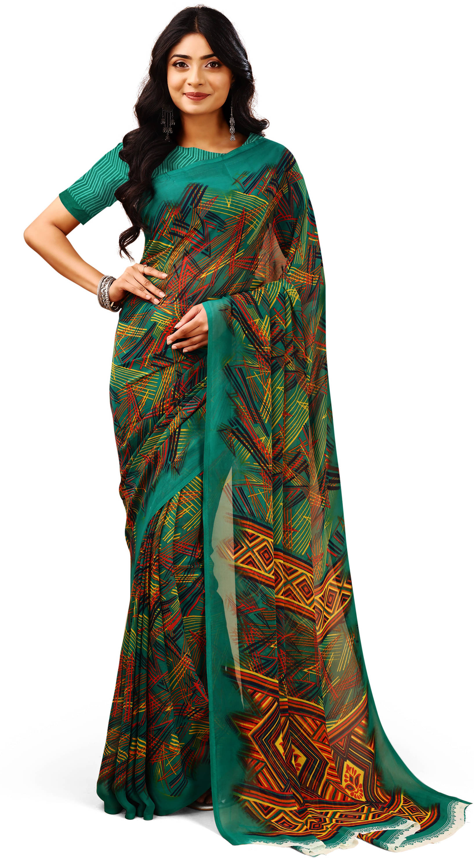 LEELAVATI Chiffon Printed Regular Saree With Unstitched Blouse Piece ( Blue ) LEELAVATI Chiffon Printed Regular Saree With Unstitched Blouse Piece ( Blue )