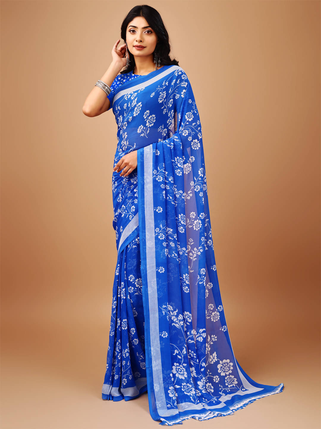 LEELAVATI Chiffon Printed Regular Saree With Unstitched Blouse Piece ( Blue ) LEELAVATI Chiffon Printed Regular Saree With Unstitched Blouse Piece ( Blue )