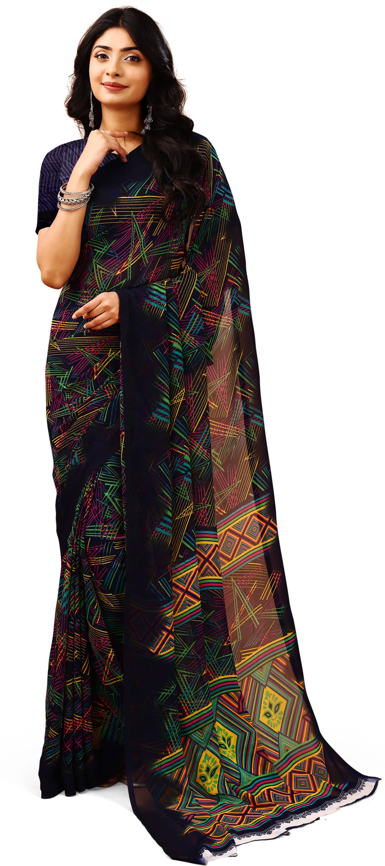 LEELAVATI Chiffon Printed Regular Saree With Unstitched Blouse Piece ( Navy Blue ) LEELAVATI Chiffon Printed Regular Saree With Unstitched Blouse Piece ( Navy Blue )
