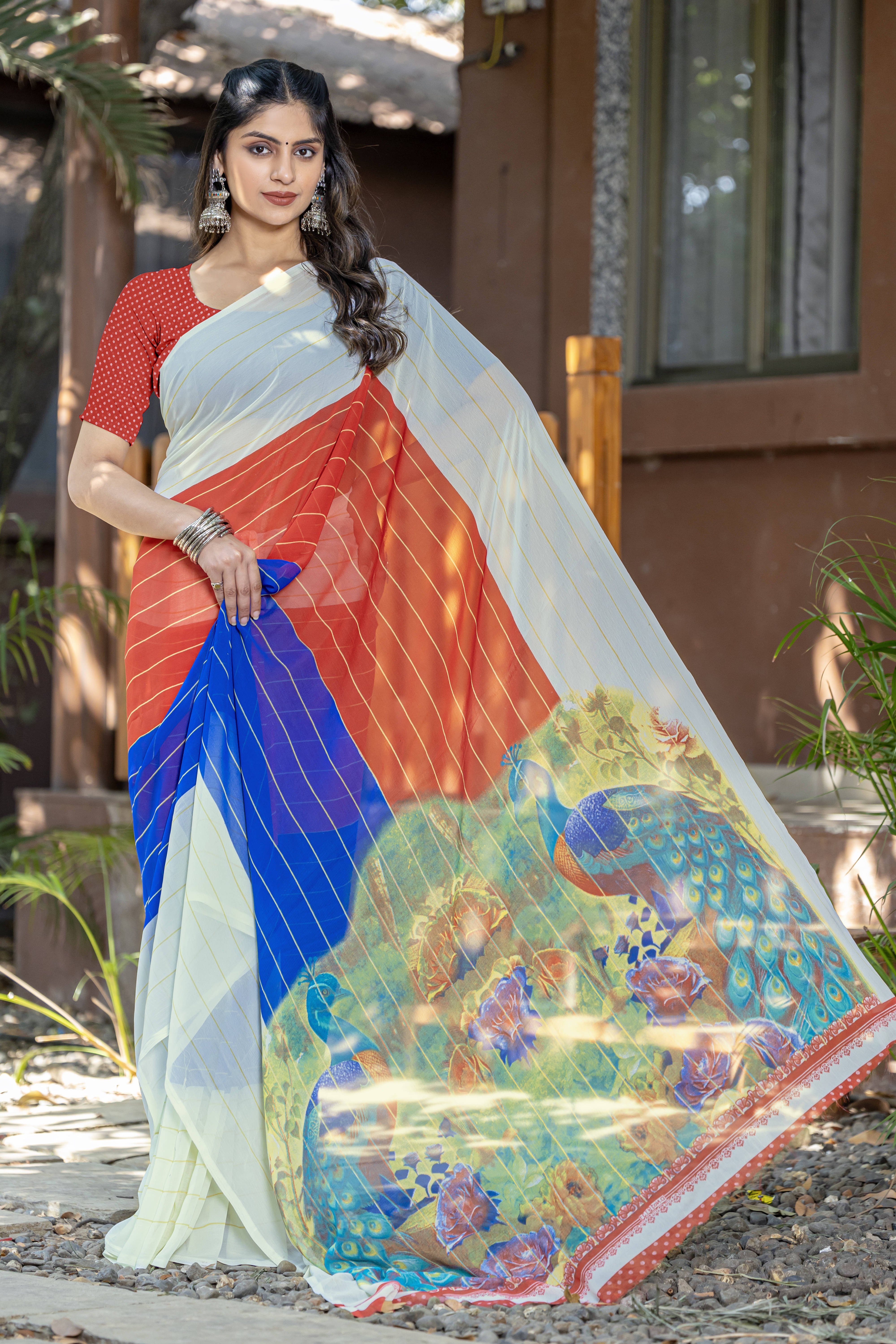     			LEELAVATI Chiffon Striped Regular Saree With Unstitched Blouse Piece ( Multicolor )
