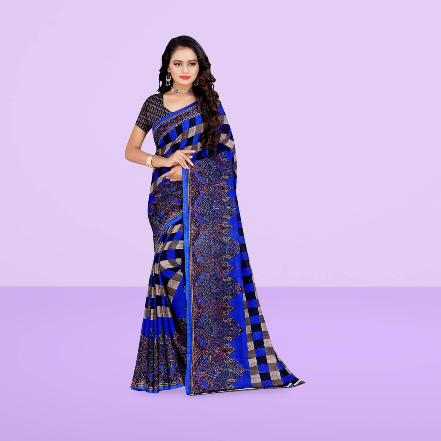     			LEELAVATI Georgette Checks Regular Saree With Unstitched Blouse Piece ( Blue )