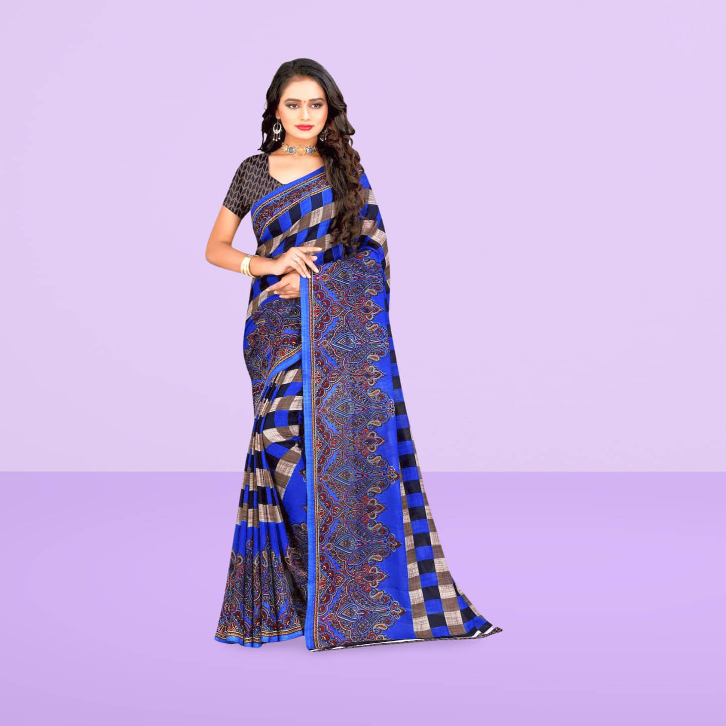     			LEELAVATI Georgette Checks Regular Saree With Unstitched Blouse Piece ( Blue )