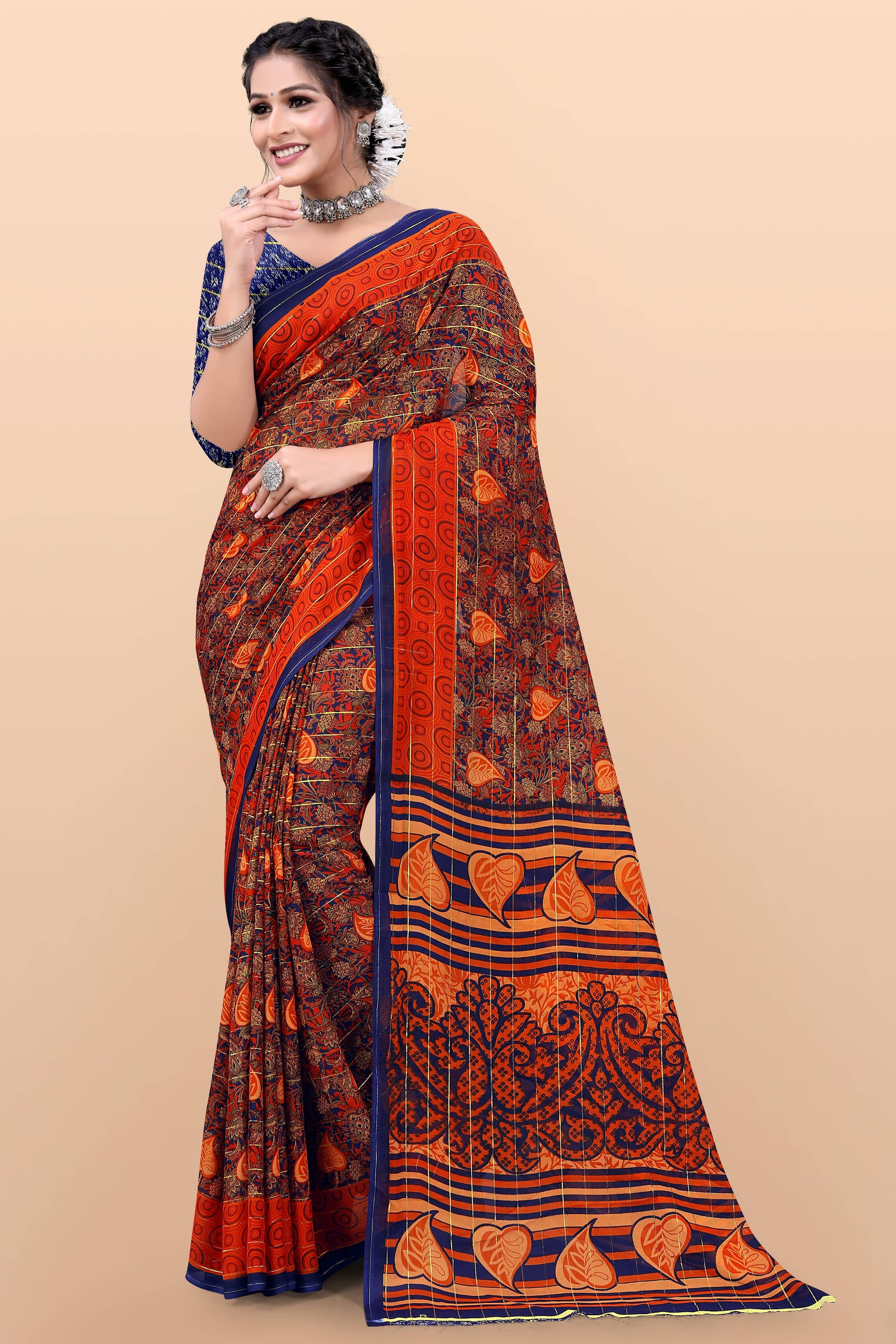     			LEELAVATI Georgette Printed Regular Saree With Unstitched Blouse Piece ( Orange )