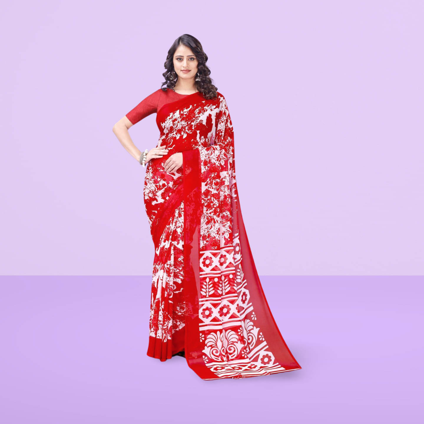 LEELAVATI Georgette Printed Regular Saree With Unstitched Blouse Piece ( Red ) LEELAVATI Georgette Printed Regular Saree With Unstitched Blouse Piece ( Red )