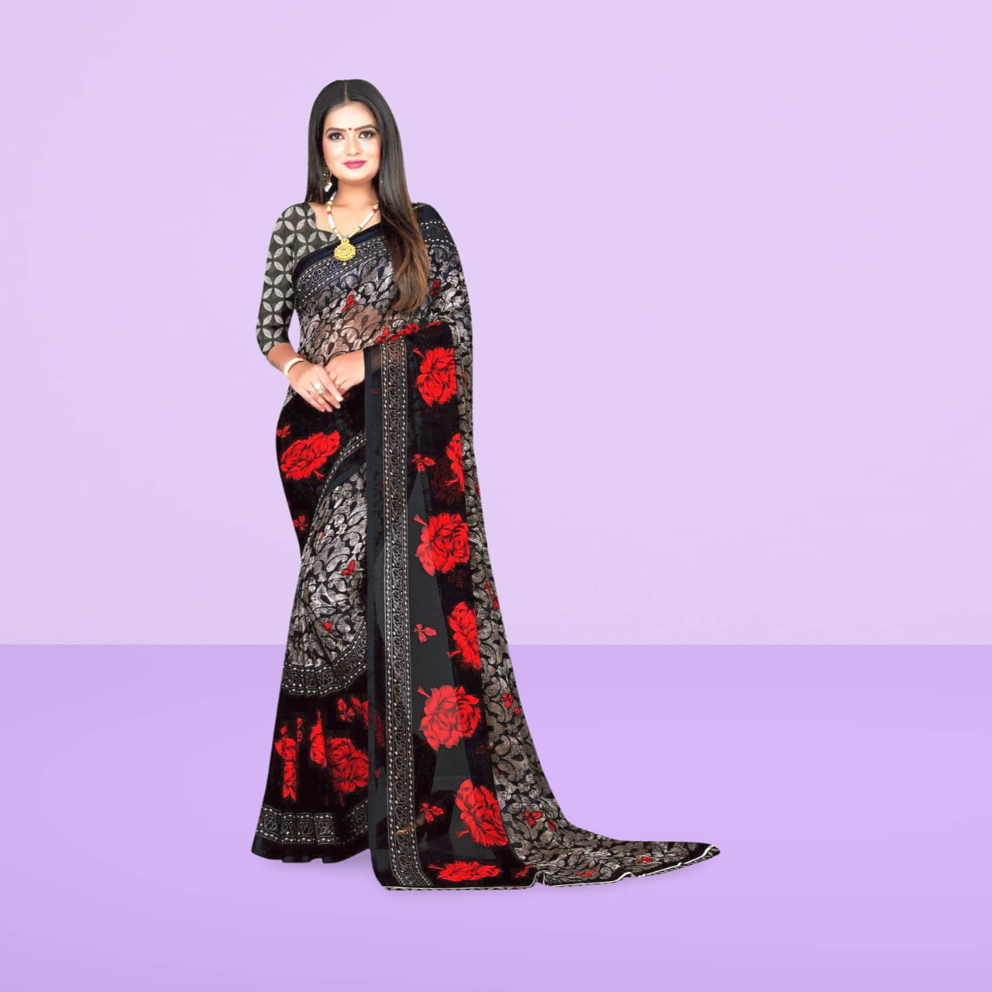     			LEELAVATI Georgette Printed Regular Saree With Unstitched Blouse Piece ( Black )