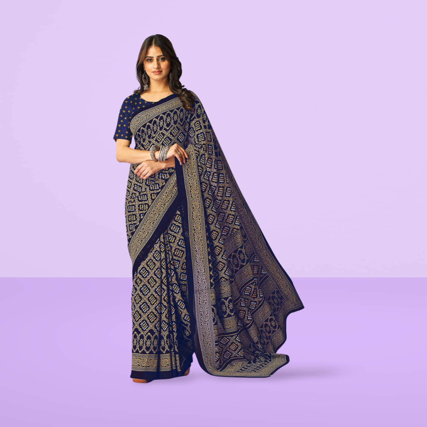 LEELAVATI Georgette Printed Regular Saree With Unstitched Blouse Piece ( Navy Blue ) LEELAVATI Georgette Printed Regular Saree With Unstitched Blouse Piece ( Navy Blue )
