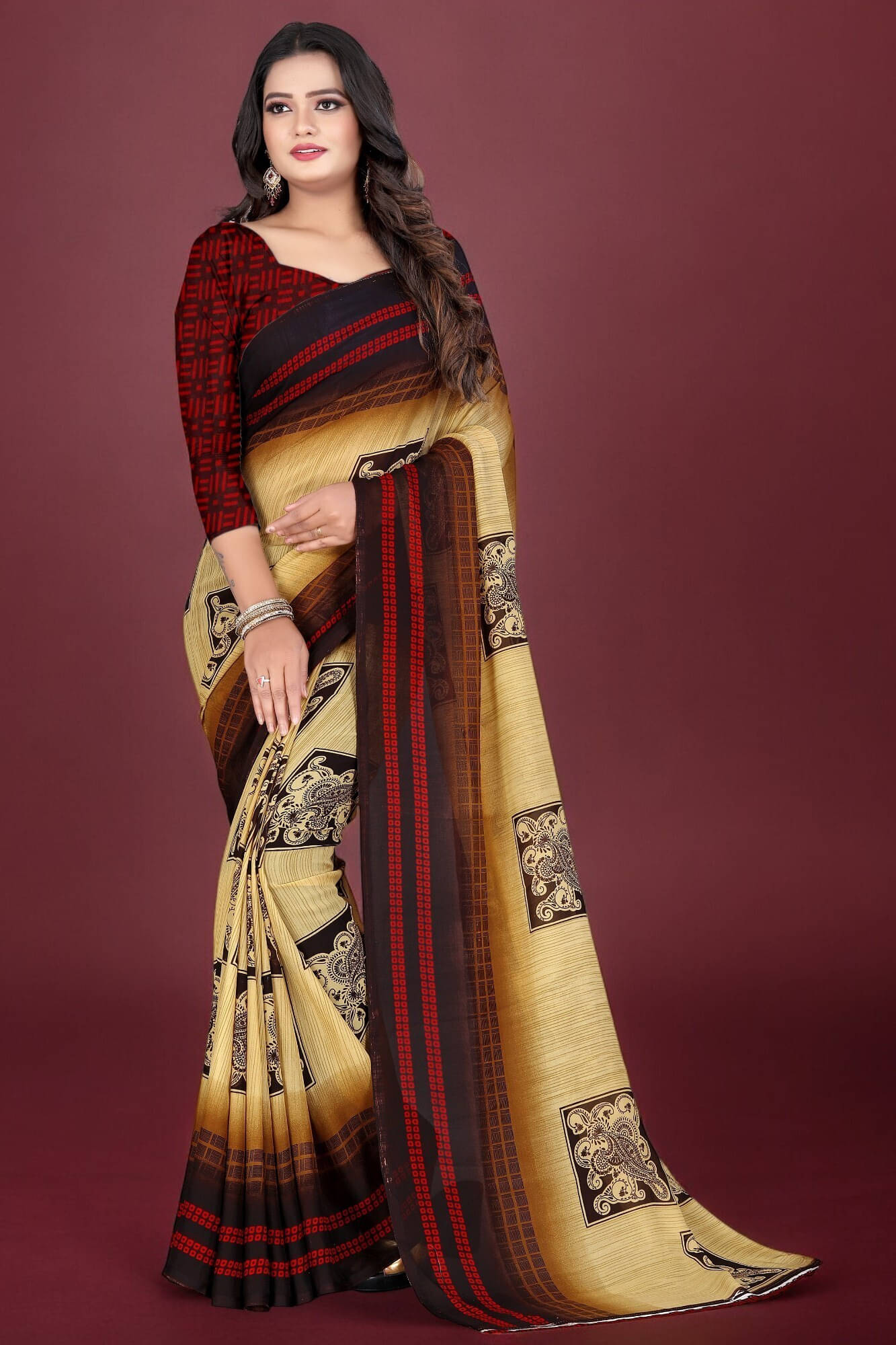 LEELAVATI Georgette Printed Regular Saree With Unstitched Blouse Piece ( Maroon ) LEELAVATI Georgette Printed Regular Saree With Unstitched Blouse Piece ( Maroon )