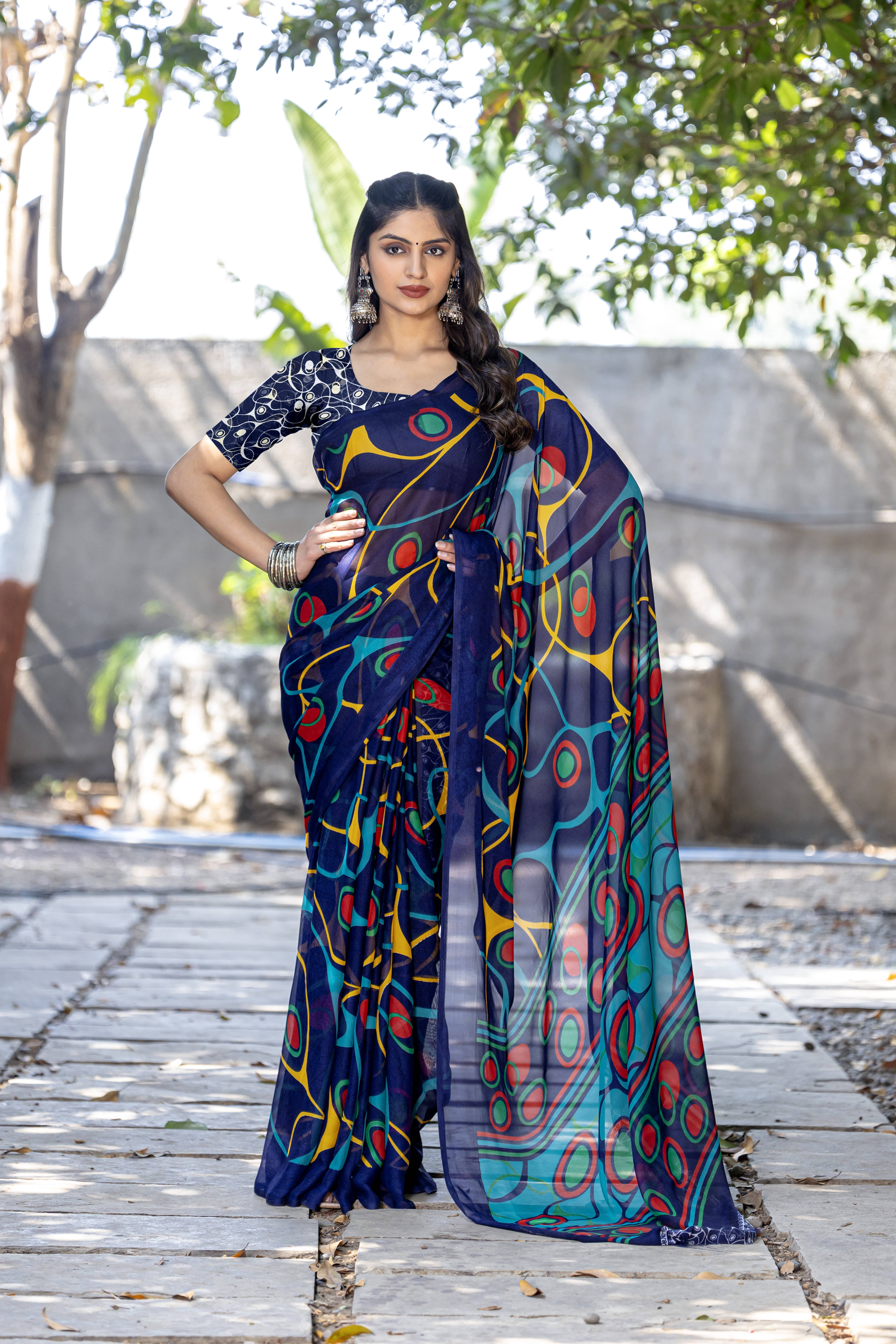 LEELAVATI Georgette Printed Regular Saree With Unstitched Blouse Piece ( Navy Blue ) LEELAVATI Georgette Printed Regular Saree With Unstitched Blouse Piece ( Navy Blue )