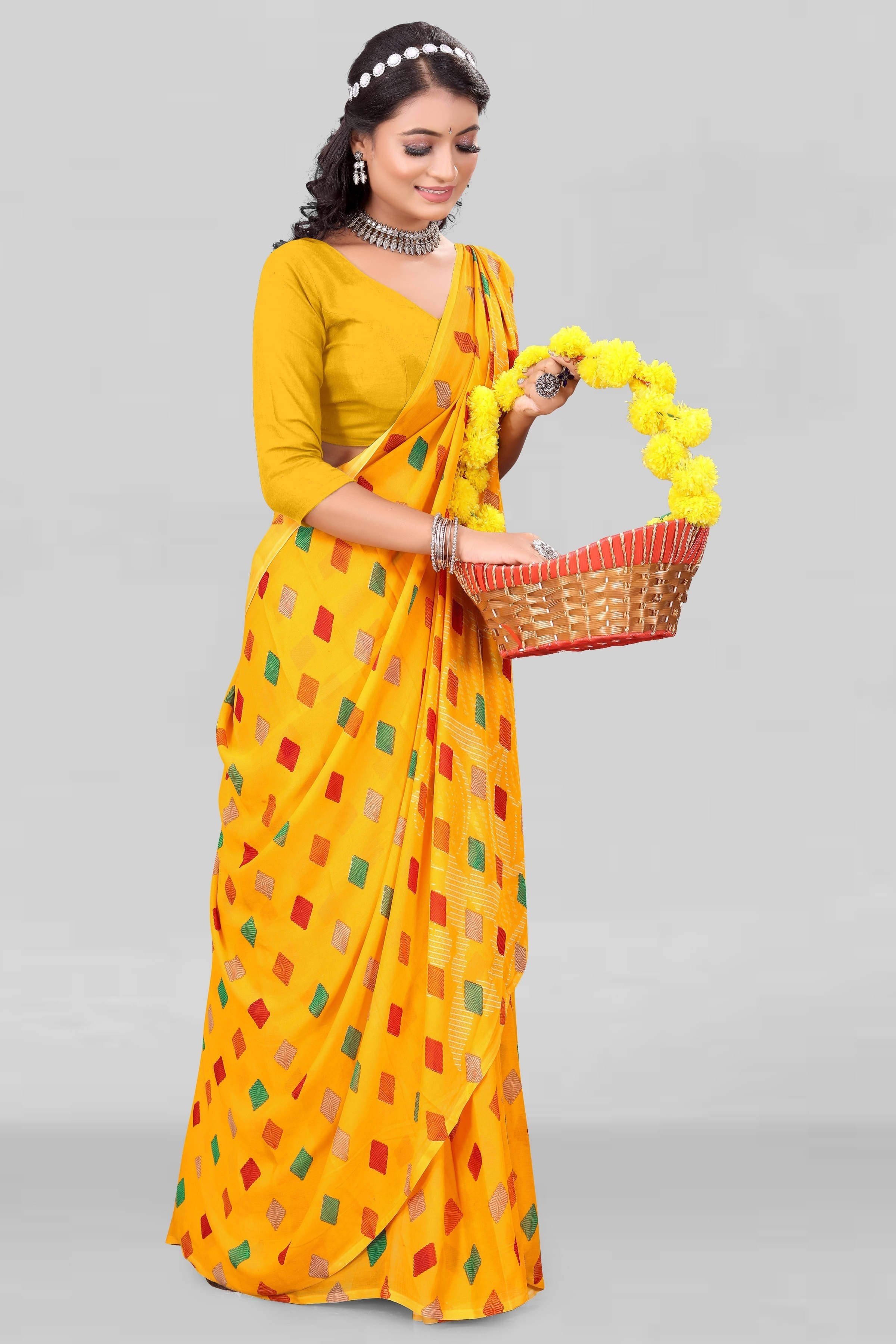 LEELAVATI Georgette Printed Regular Saree With Unstitched Blouse Piece ( Yellow ) LEELAVATI Georgette Printed Regular Saree With Unstitched Blouse Piece ( Yellow )