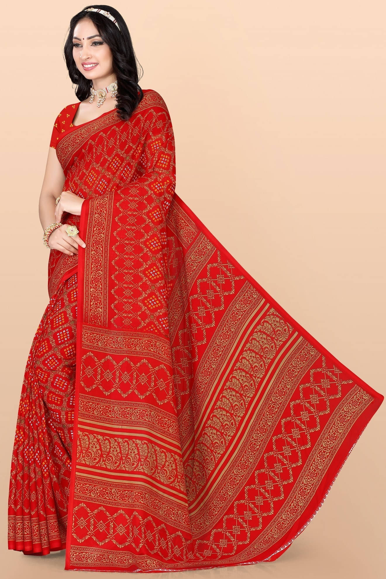     			LEELAVATI Georgette Printed Regular Saree With Unstitched Blouse Piece ( Red )