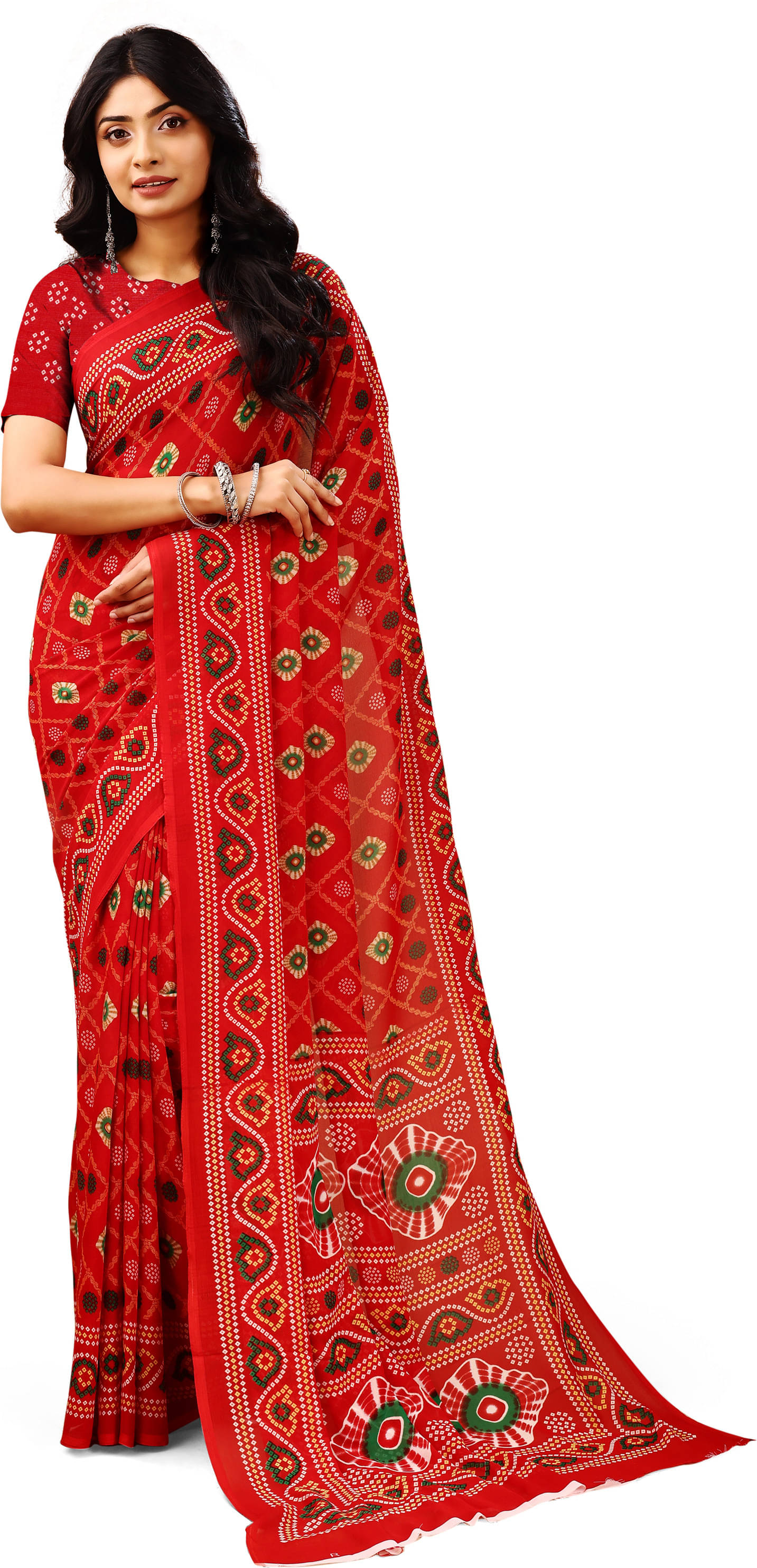 LEELAVATI Georgette Printed Regular Saree With Unstitched Blouse Piece ( Red ) LEELAVATI Georgette Printed Regular Saree With Unstitched Blouse Piece ( Red )