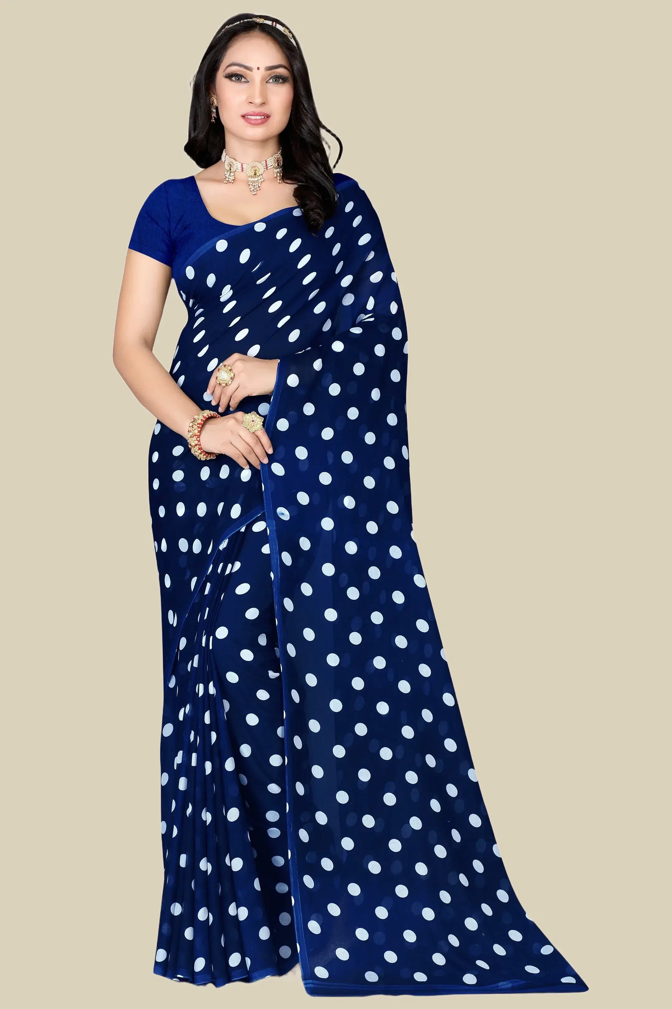     			LEELAVATI Georgette Printed Regular Saree With Unstitched Blouse Piece ( Navy Blue )