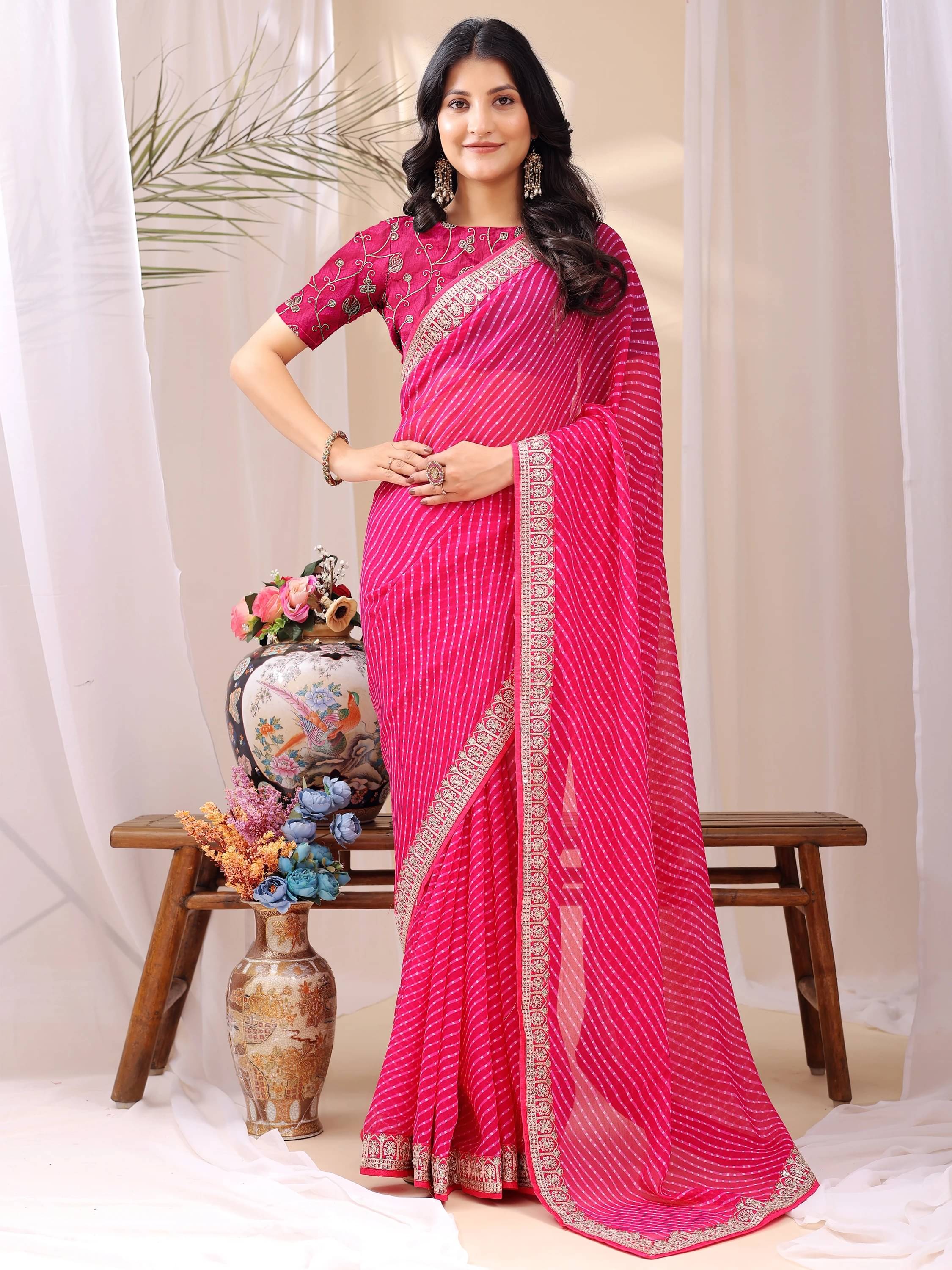 LEELAVATI Georgette Striped Regular Saree With Unstitched Blouse Piece ( Pink ) LEELAVATI Georgette Striped Regular Saree With Unstitched Blouse Piece ( Pink )