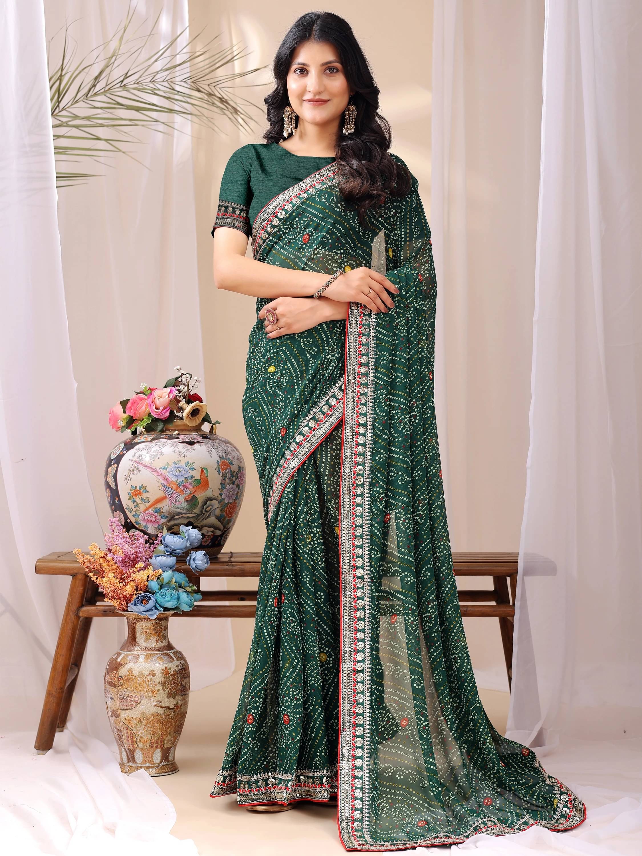 LEELAVATI Georgette Striped Regular Saree With Unstitched Blouse Piece ( Green ) LEELAVATI Georgette Striped Regular Saree With Unstitched Blouse Piece ( Green )