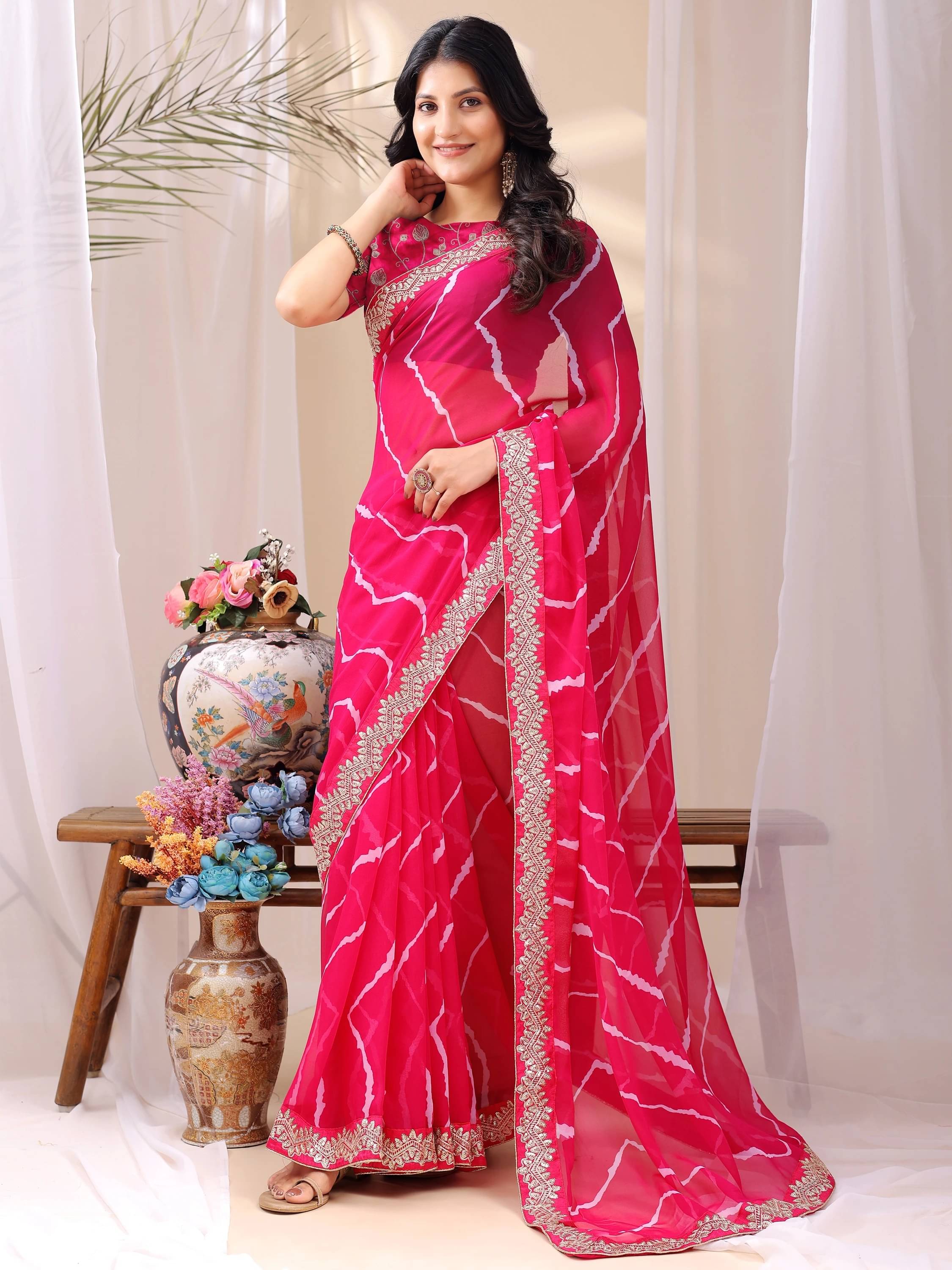 LEELAVATI Georgette Striped Regular Saree With Unstitched Blouse Piece ( Pink ) LEELAVATI Georgette Striped Regular Saree With Unstitched Blouse Piece ( Pink )