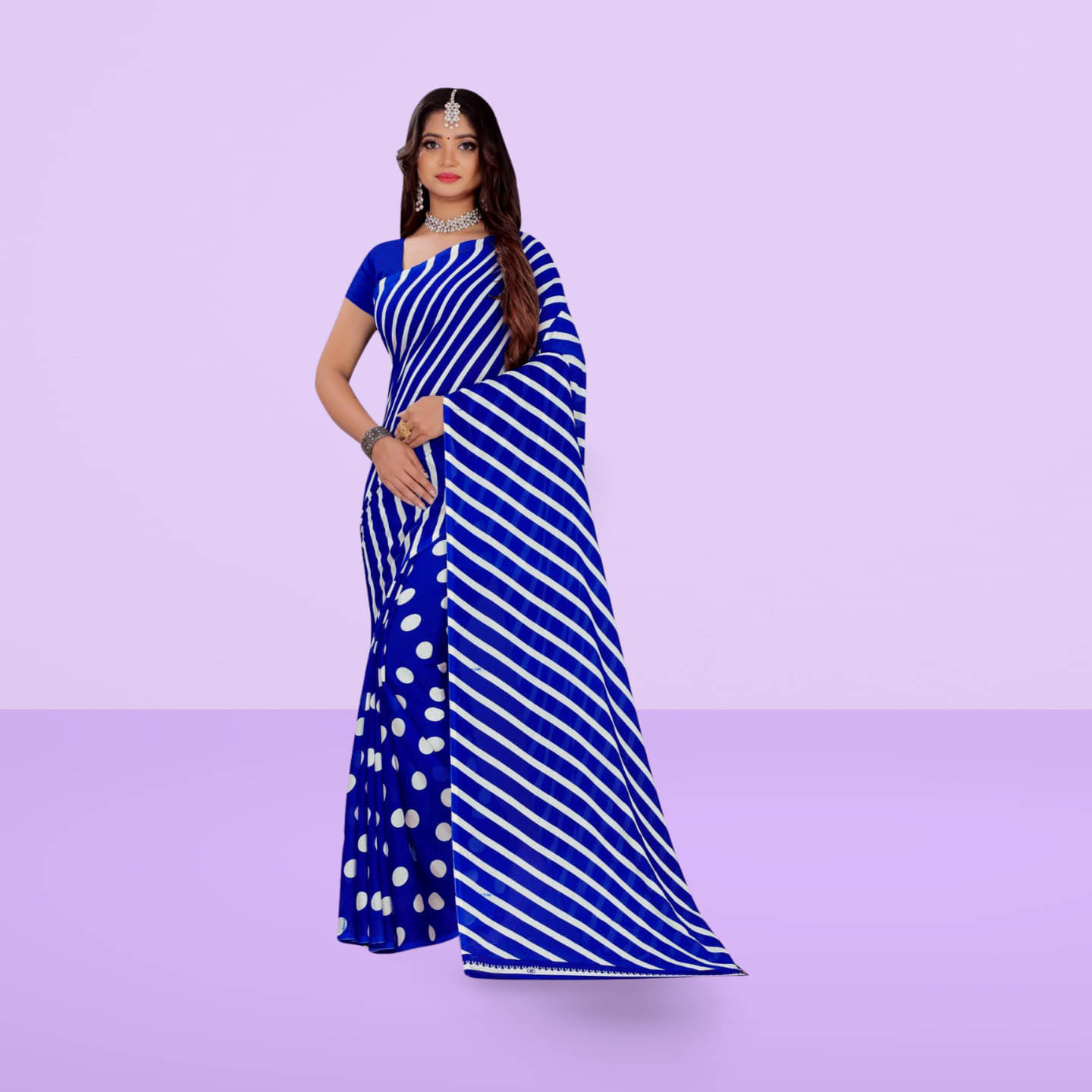 LEELAVATI Georgette Striped Regular Saree With Unstitched Blouse Piece ( Blue ) LEELAVATI Georgette Striped Regular Saree With Unstitched Blouse Piece ( Blue )