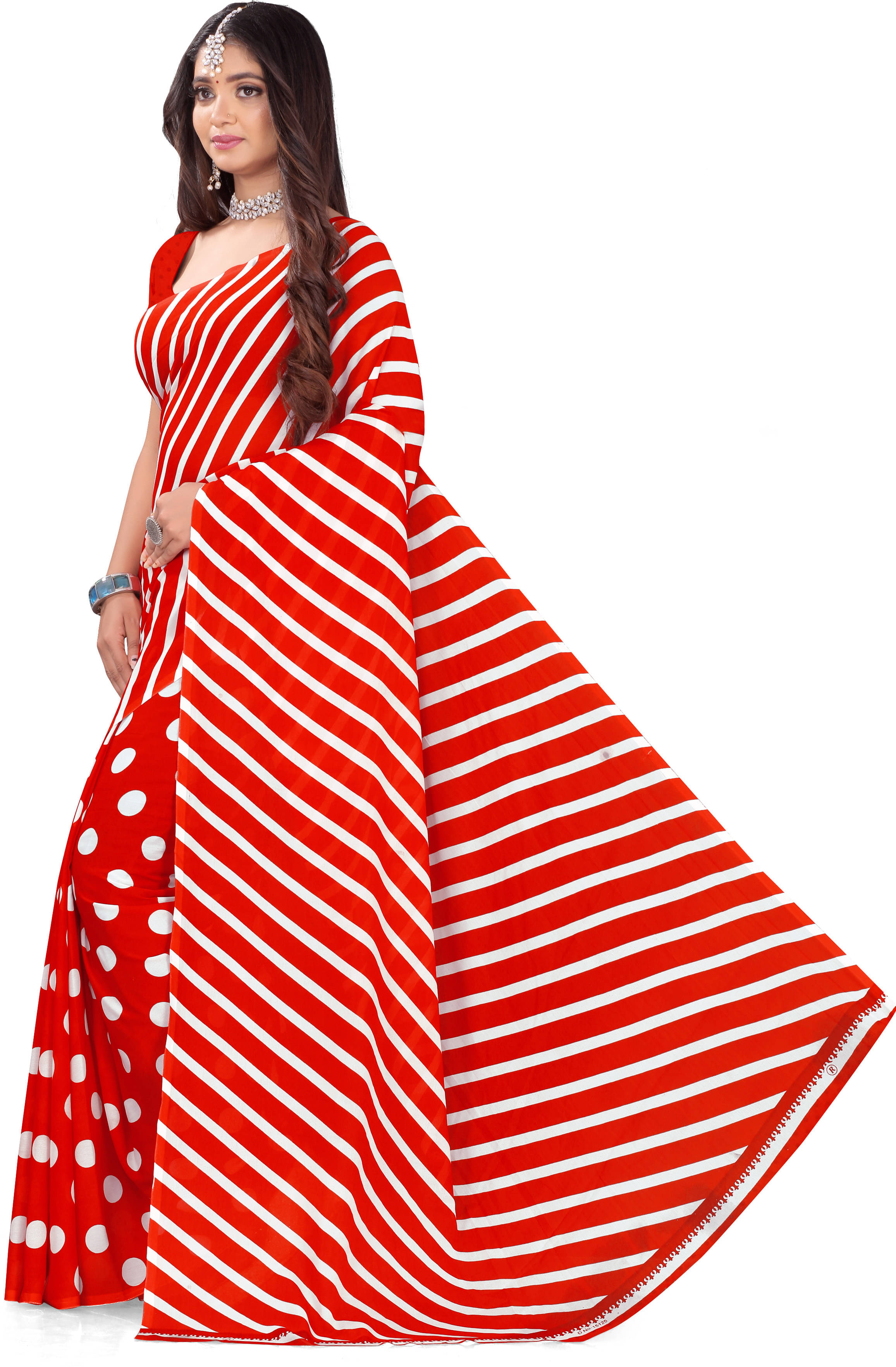     			LEELAVATI Georgette Striped Regular Saree With Unstitched Blouse Piece ( Red )