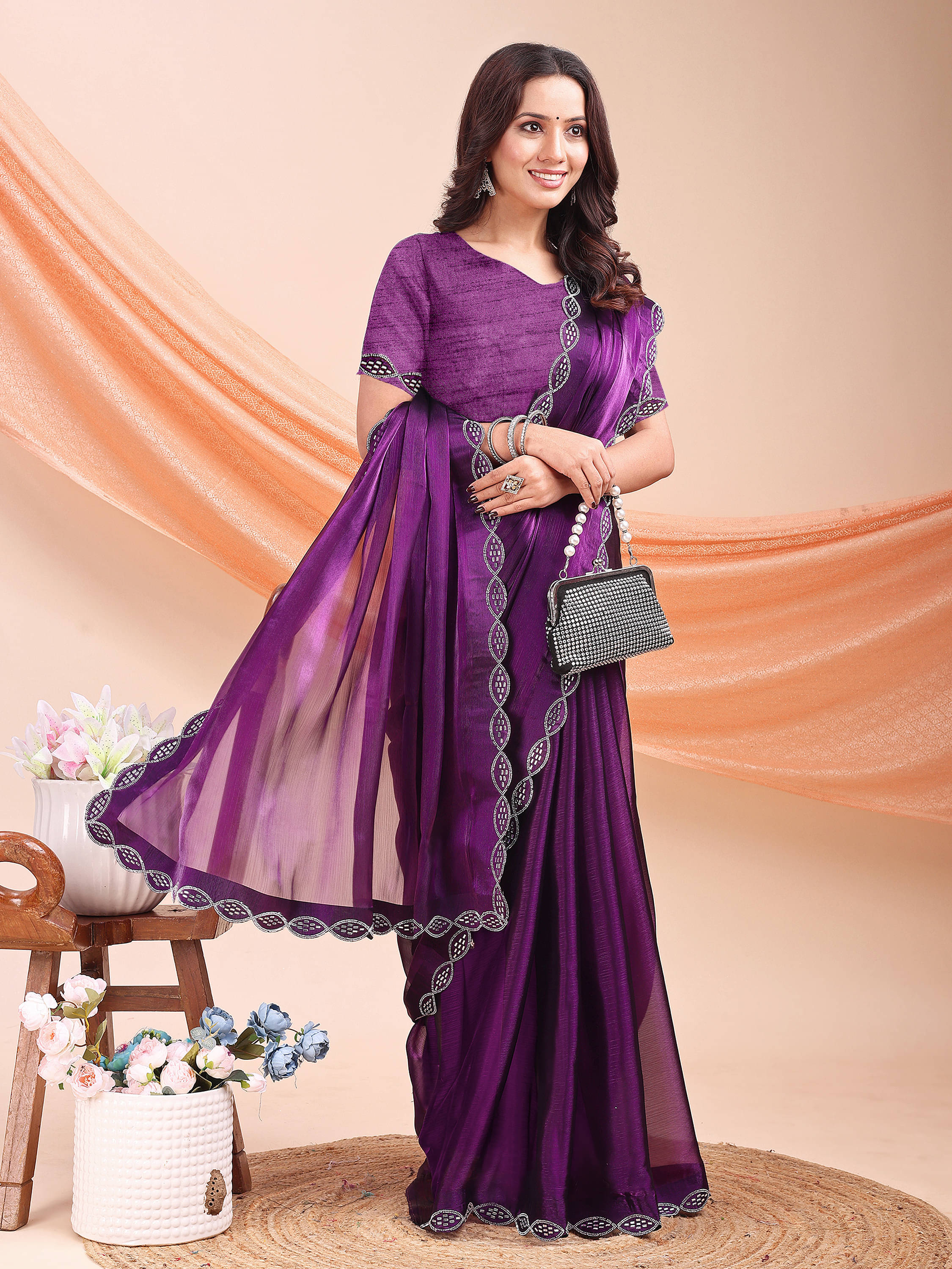     			LEELAVATI Jimmy choo Embellished Regular Saree With Unstitched Blouse Piece ( Purple )