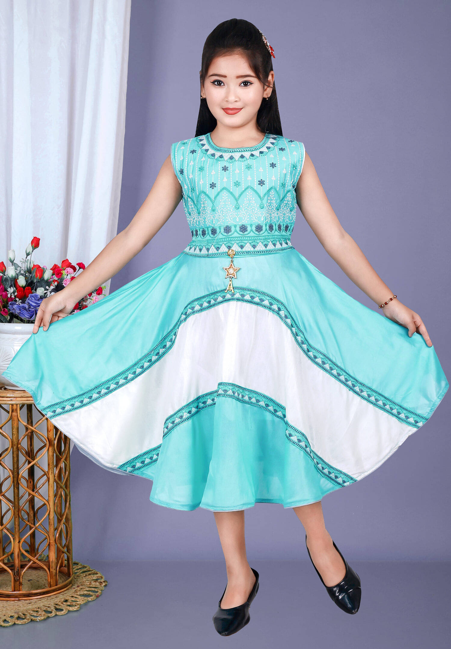     			M.MONGELA DRESSES Cotton Blend Dress For Girls ( Pack of 1 , Sky Blue )