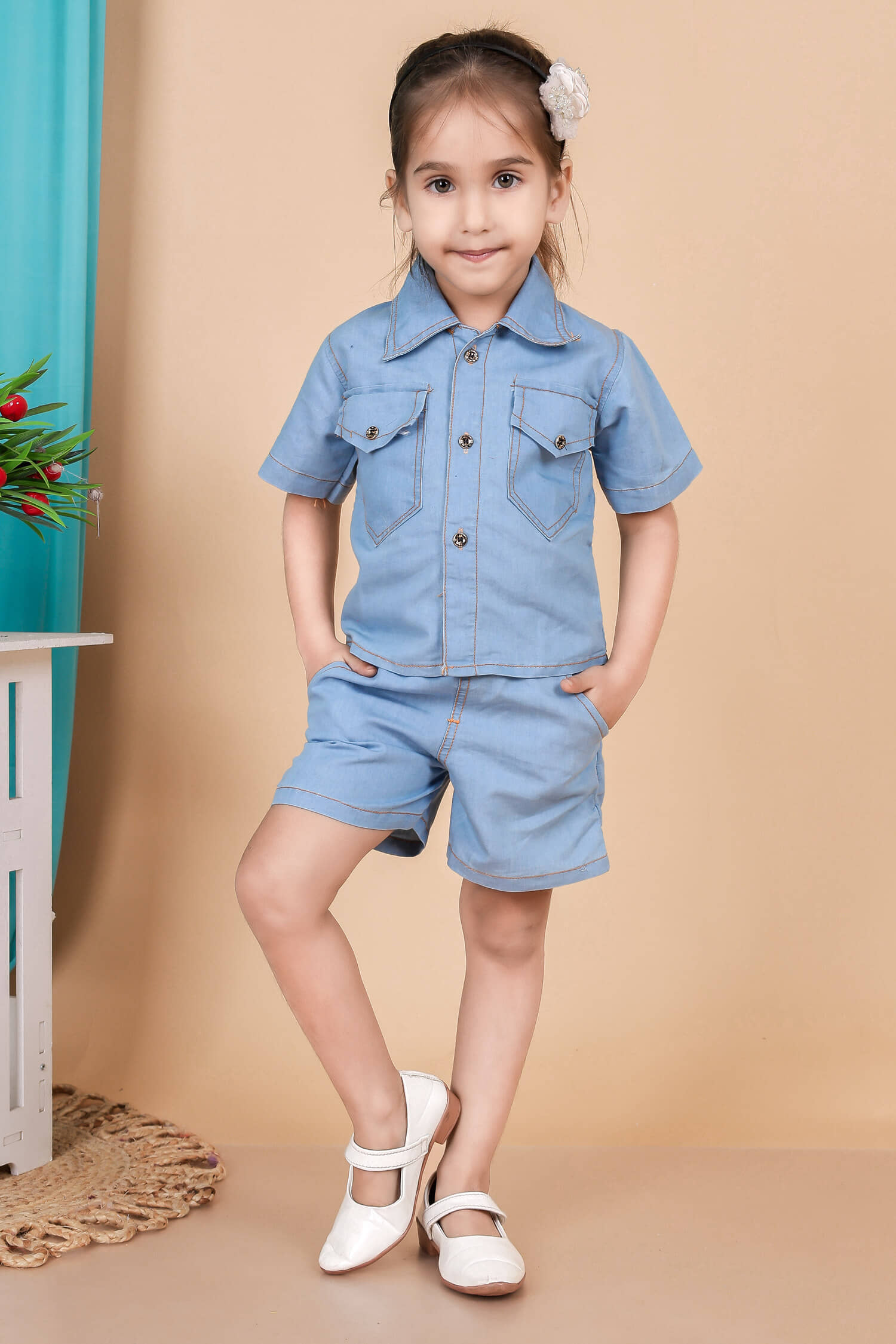 M.MONGELA DRESSES Pack of 1 Baby Girls Denim Shirt & Shorts ( Blue )