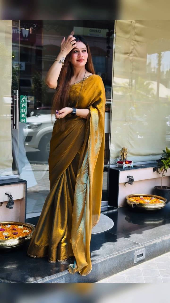 Panchtatva Chiffon Self Design Regular Saree With Unstitched Blouse Piece ( Gold ) Panchtatva Chiffon Self Design Regular Saree With Unstitched Blouse Piece ( Gold )