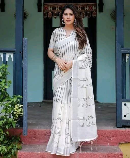 Panchtatva Linen Printed Regular Saree With Unstitched Blouse Piece ( Black ) Panchtatva Linen Printed Regular Saree With Unstitched Blouse Piece ( Black )