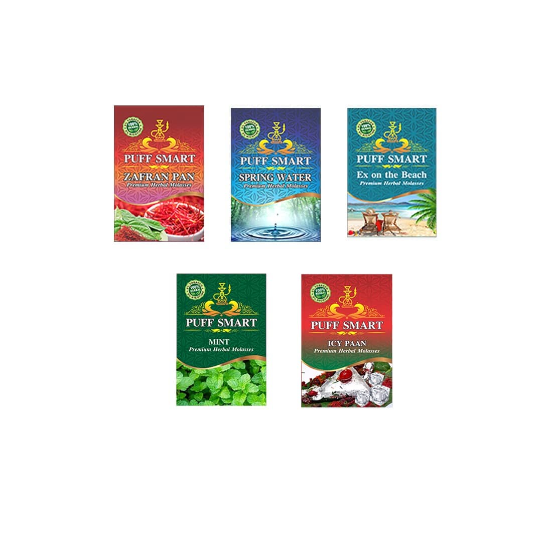 Puff Smart Premium Herbal Hookah Flavour Pack of 5 (Zafran Pan, Spring Water, Ex on the Beach, Mint, Icy Pan)