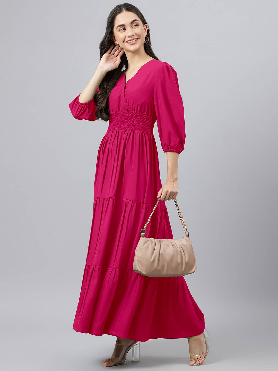     			RAIYANI FASHION Women Crepe Solid Fit & Flare Dress ( Pink )