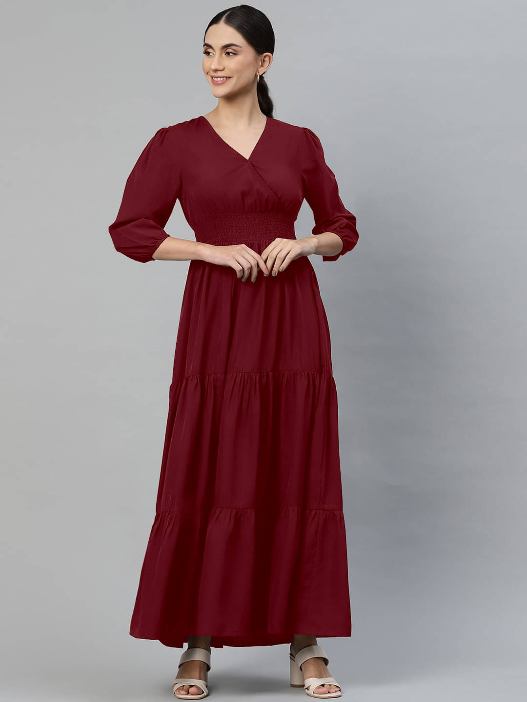 RAIYANI FASHION Women Crepe Solid Fit & Flare Dress ( Maroon ) RAIYANI FASHION Women Crepe Solid Fit & Flare Dress ( Maroon )
