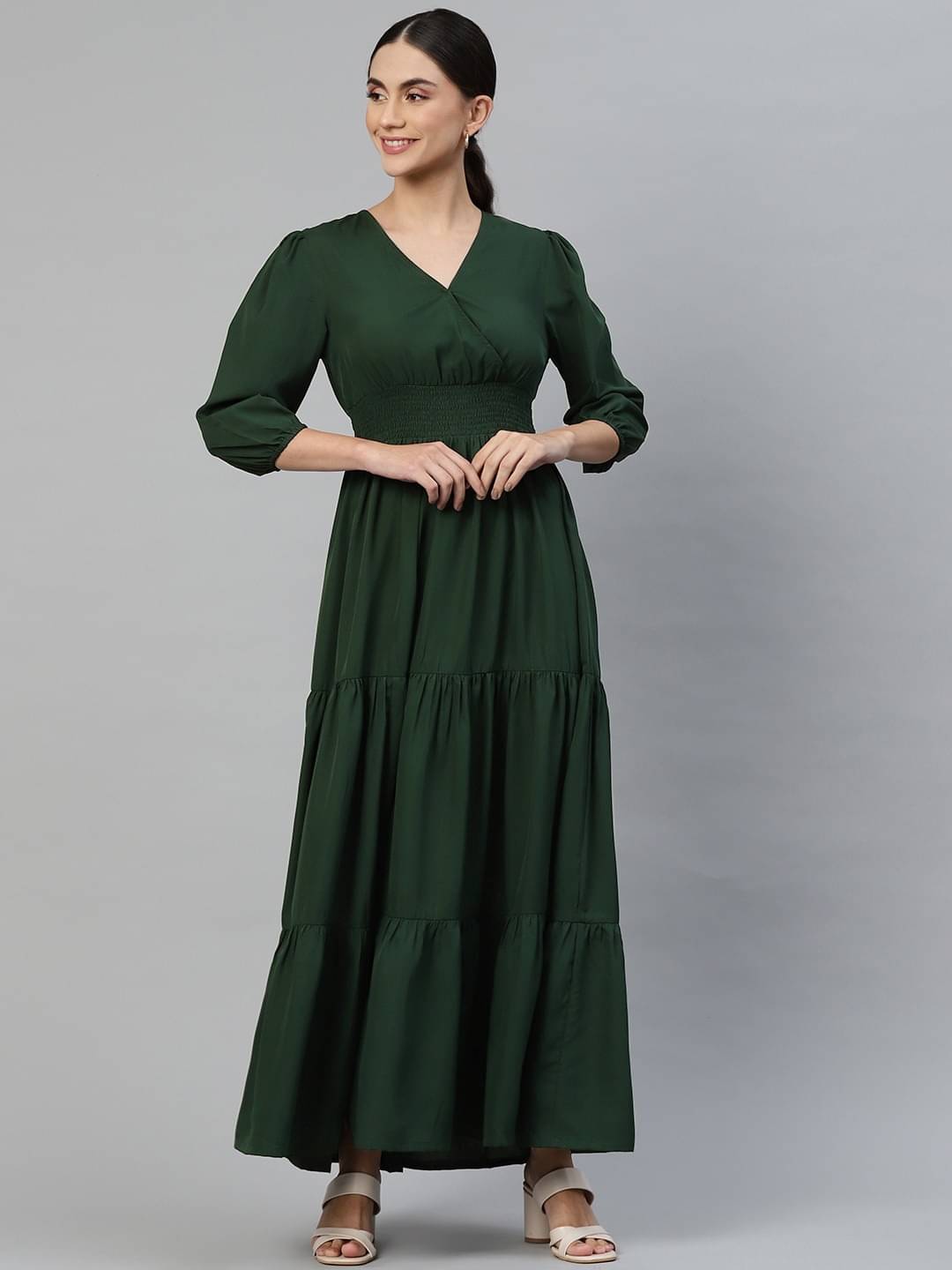     			RAIYANI FASHION Women Crepe Solid Fit & Flare Dress ( Green )