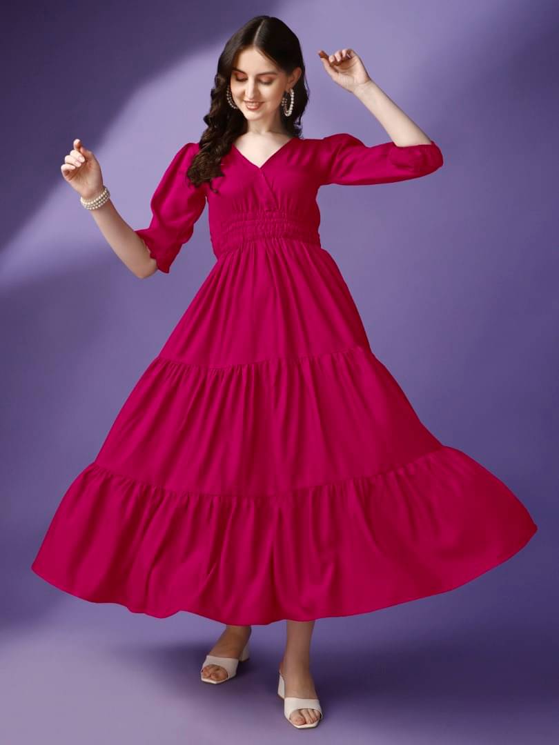     			RAIYANI FASHION Women Crepe Solid Fit & Flare Dress ( Pink )