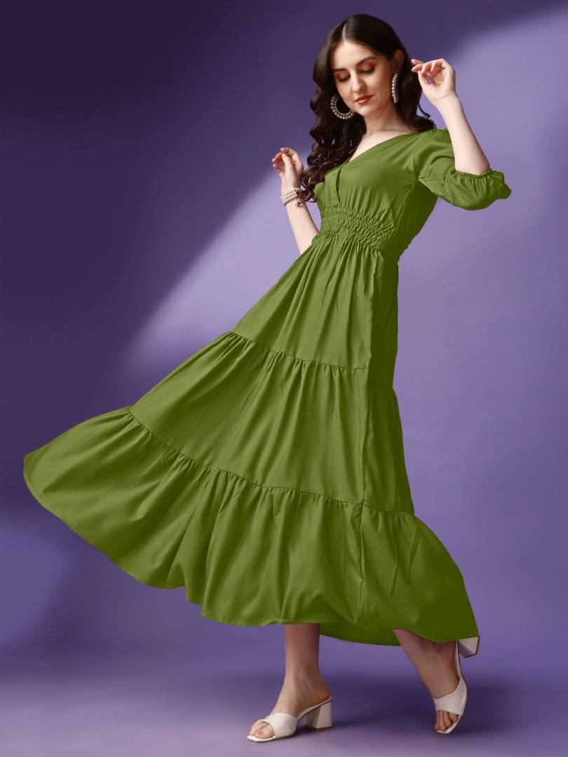     			RAIYANI FASHION Women Crepe Solid Fit & Flare Dress ( Olive )