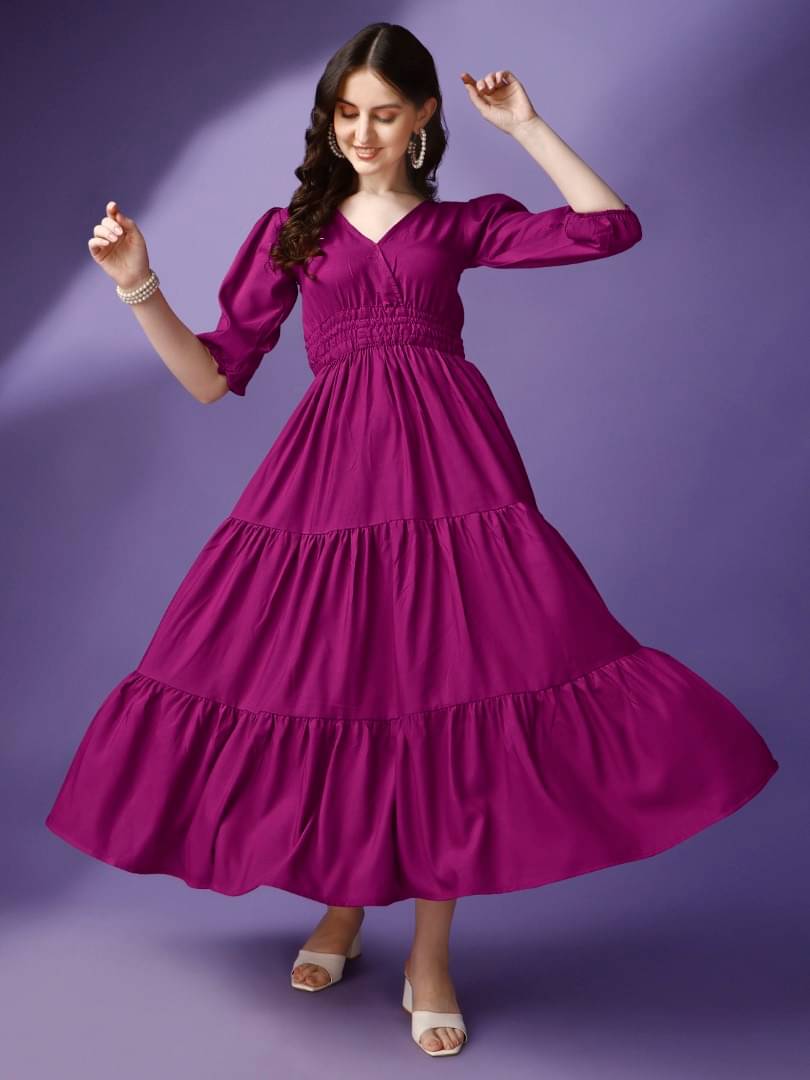 RAIYANI FASHION Women Crepe Solid Fit & Flare Dress ( Wine ) RAIYANI FASHION Women Crepe Solid Fit & Flare Dress ( Wine )