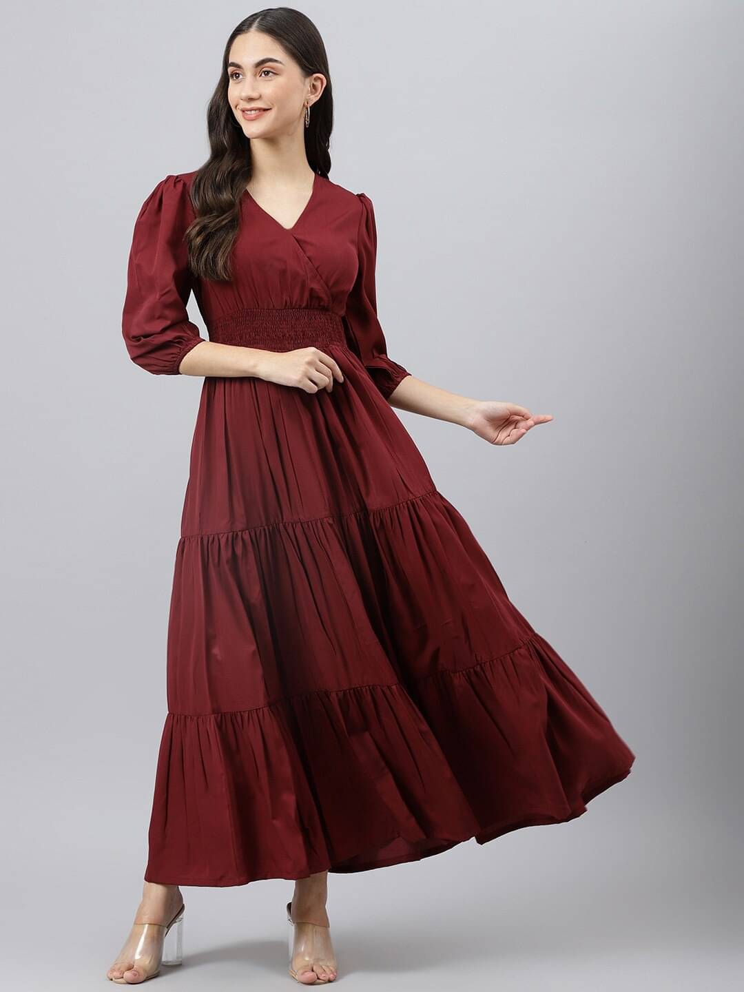    			RAIYANI FASHION Women Crepe Solid Fit & Flare Dress ( Maroon )