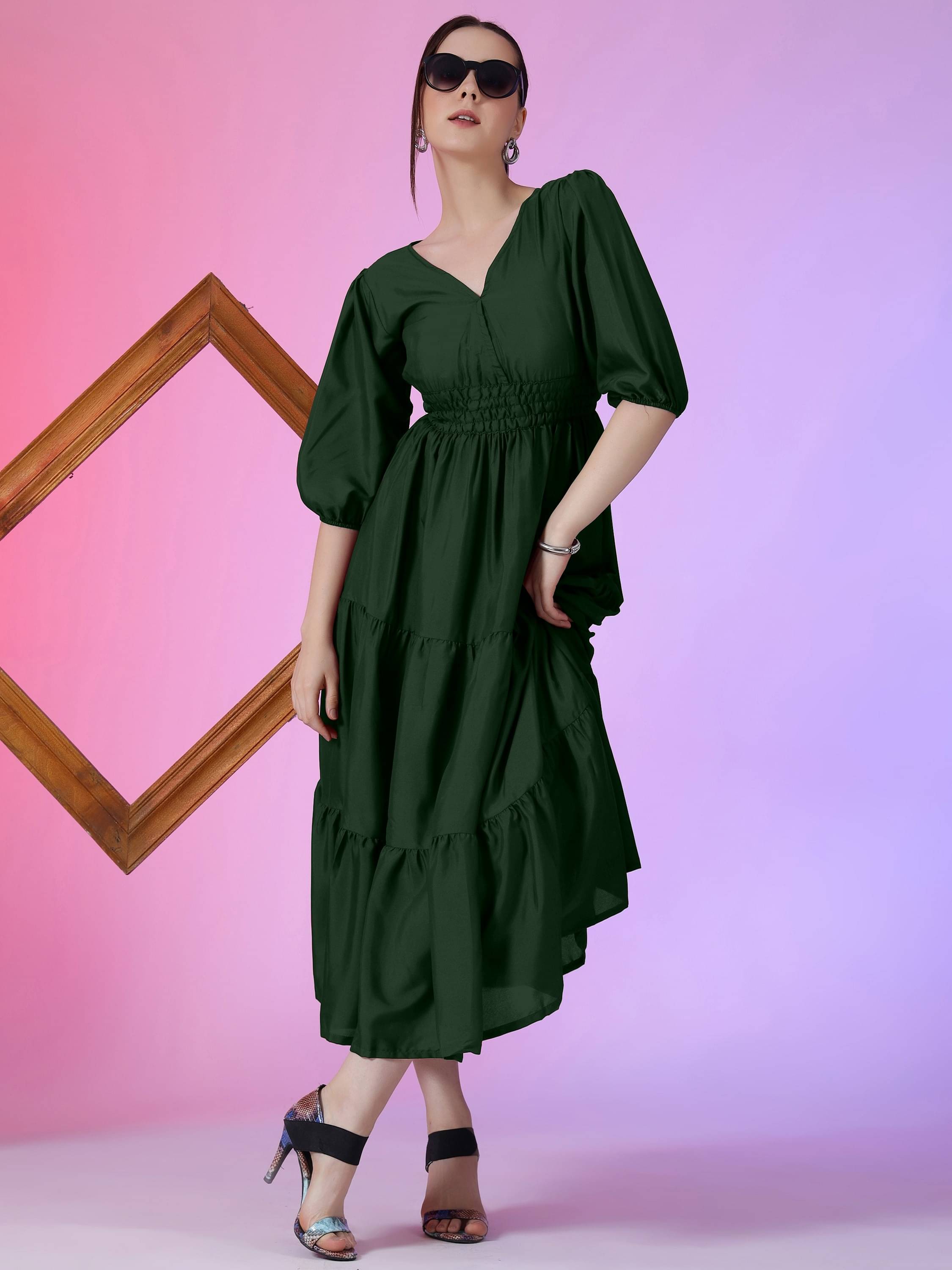 Raiyani enterprise Women Crepe Solid Fit & Flare Dress ( Green ) Raiyani enterprise Women Crepe Solid Fit & Flare Dress ( Green )