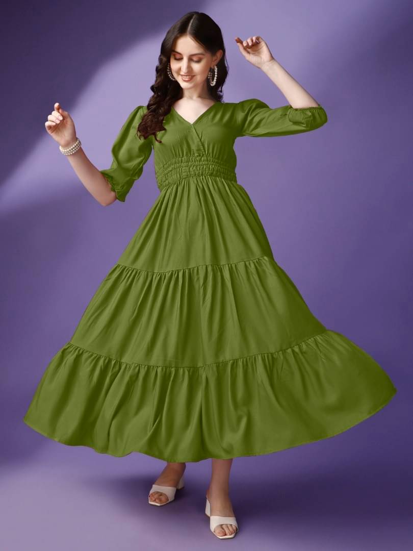     			Raiyani enterprise Women Crepe Solid Fit & Flare Dress ( Olive )